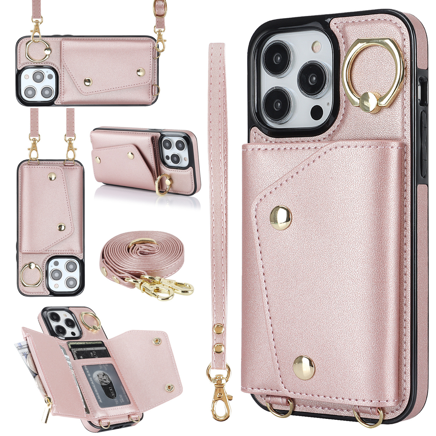 IPHONE protective leather case for iPhone with a back-cover design, featuring a wrist strap and a crossbody shoulder strap