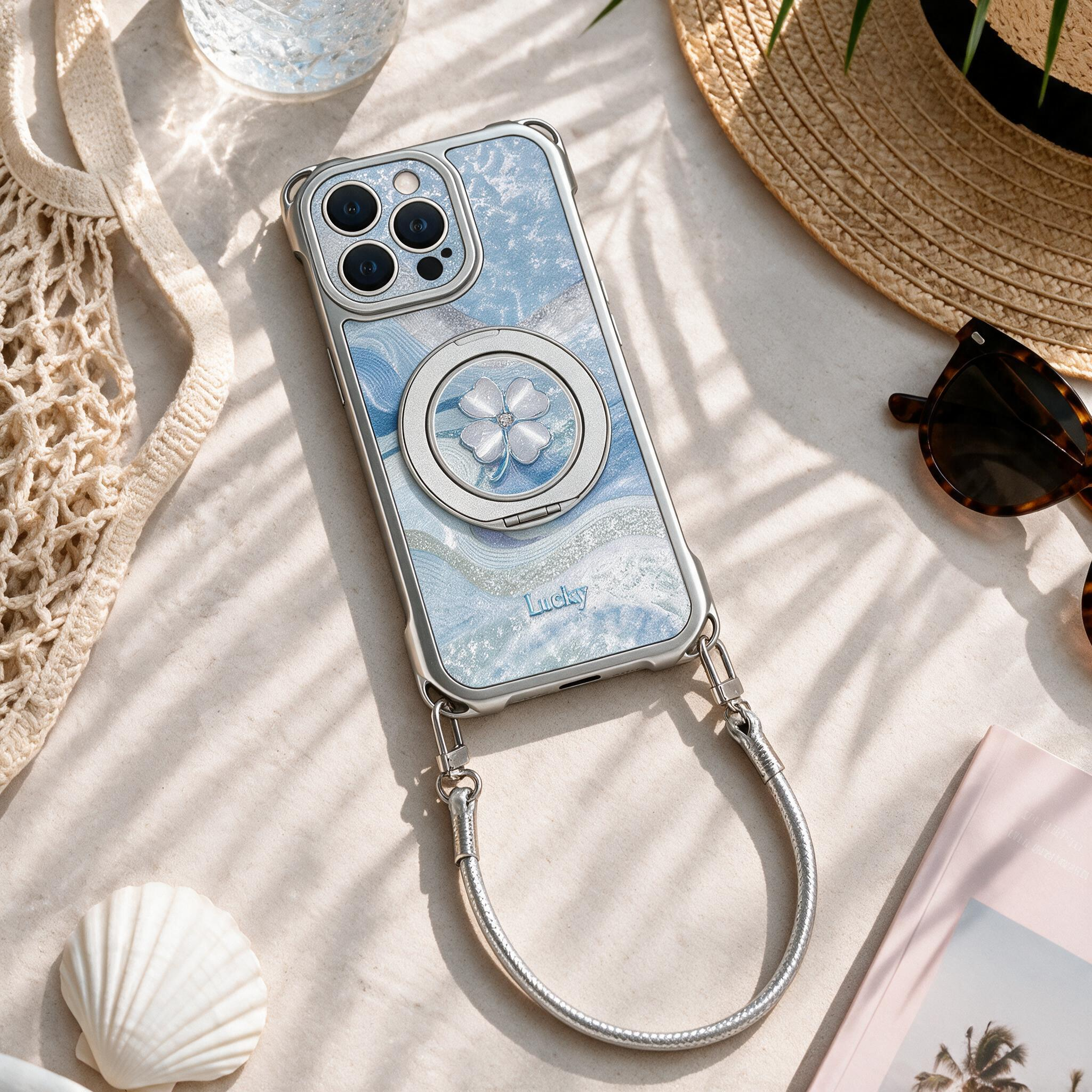 IPHONE Aesthetic Blue-Tone Four-Leaf Clover Case | Magnetic Rotating Kickstand + Crossbody & Wrist Lanyards