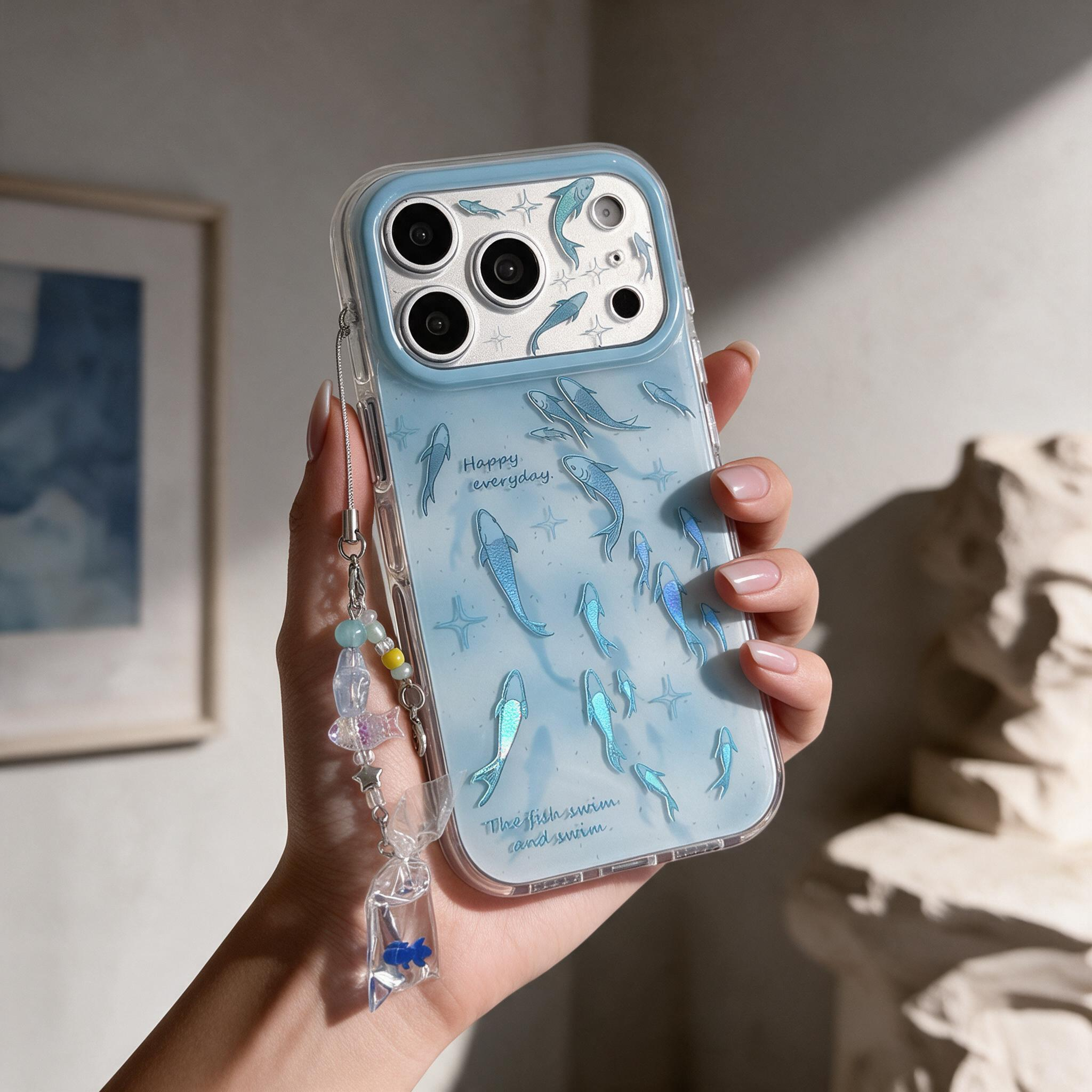 IPHONE holographic Blue Fish Clear Phone Case With Cute Fish Bag Charm
