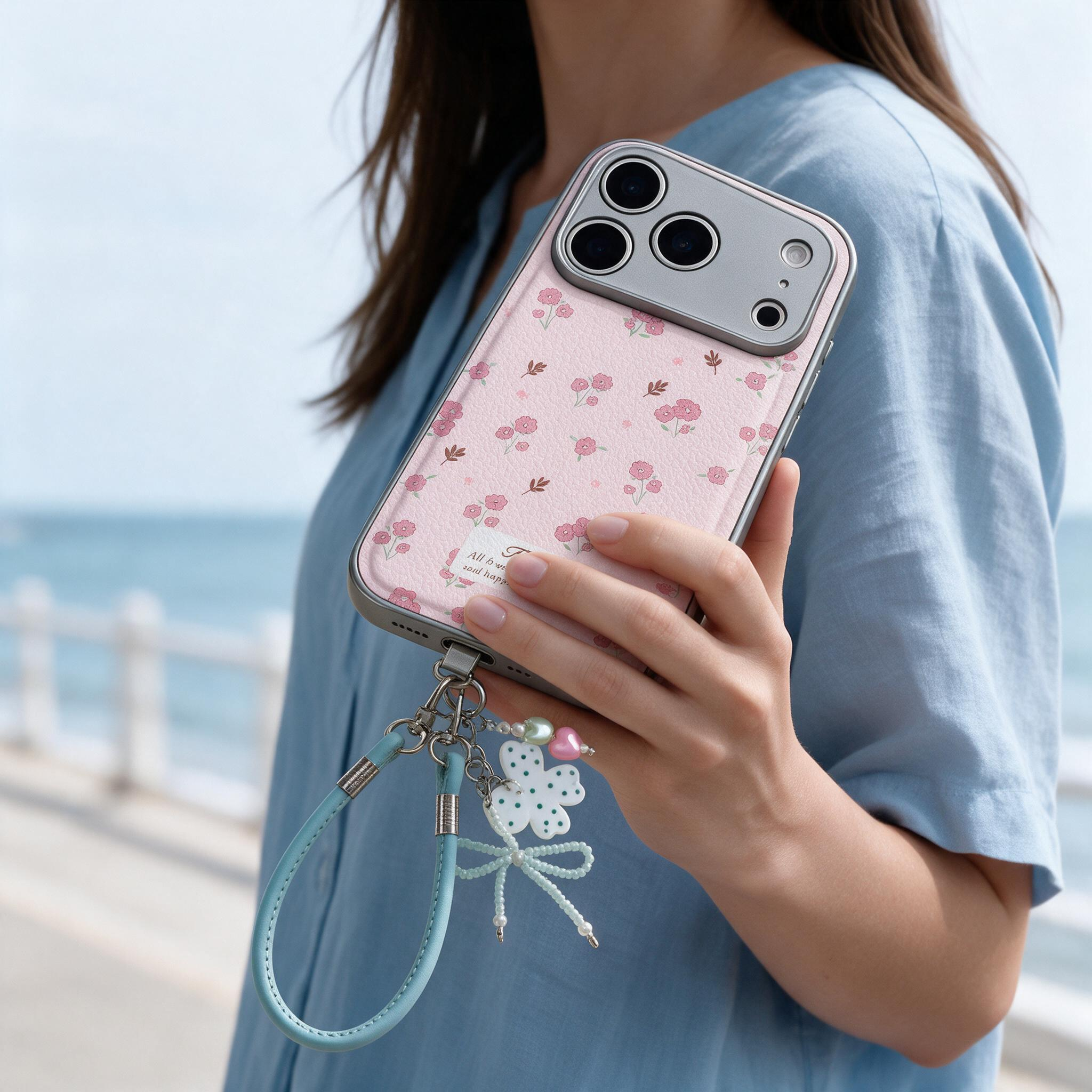 IPHNOE light Blue Leather Phone Wrist Strap With Clover Charm