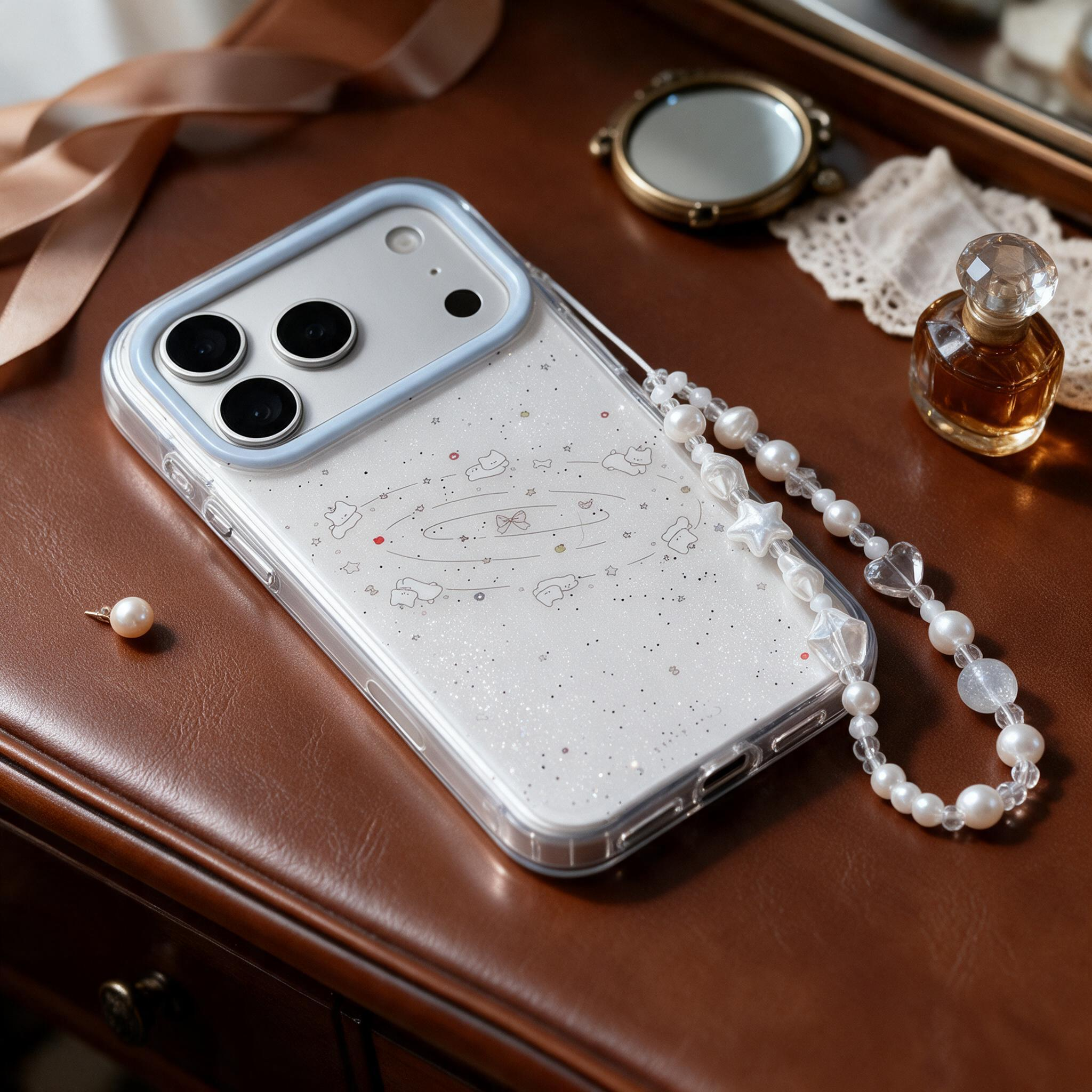 IPHONE clear Glitter Starry Sky Phone Case, Cute Orbiting Kitten Design Pearl Strap