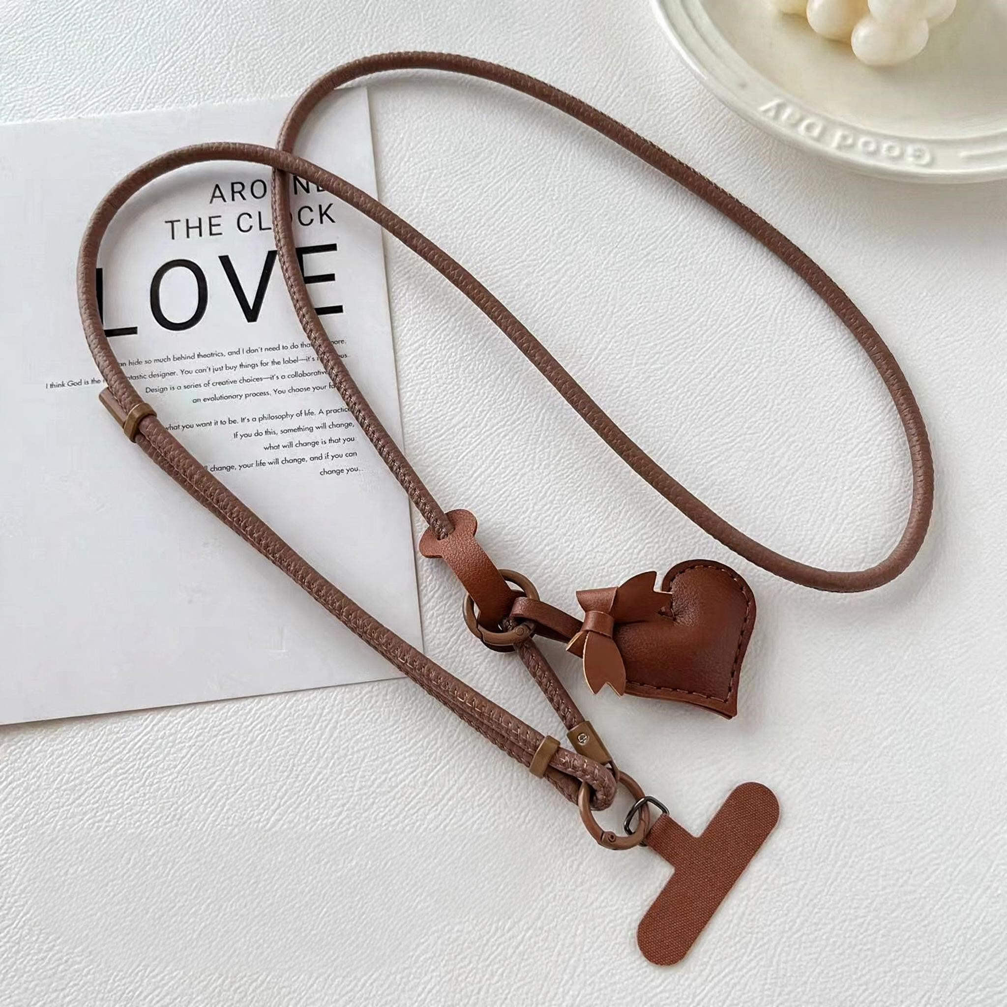 IPHONE adjustable Leather Crossbody Phone Strap with Heart Charm & Bow