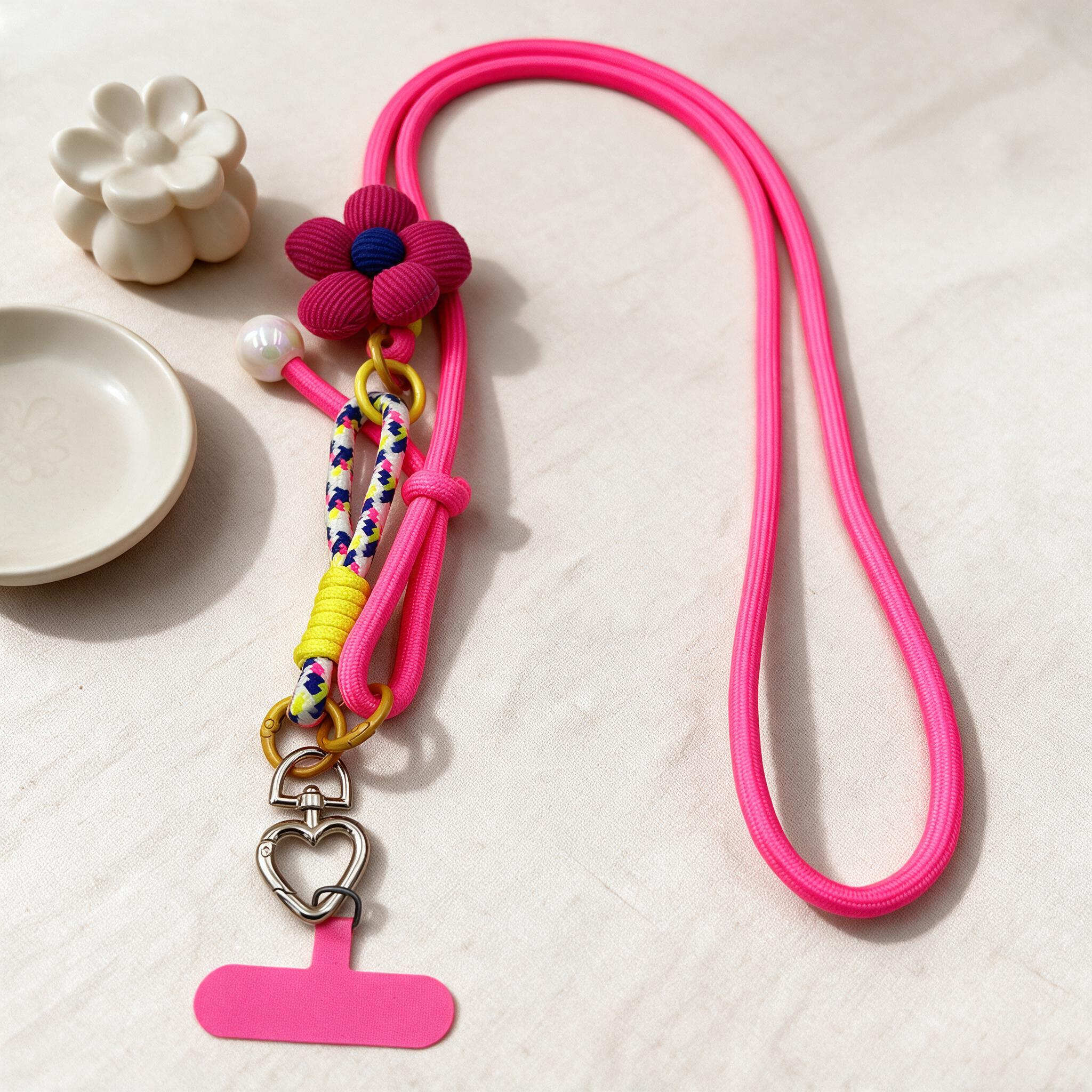 IPHONE Floral Decor Phone Lanyard with Heart Metal Clasp