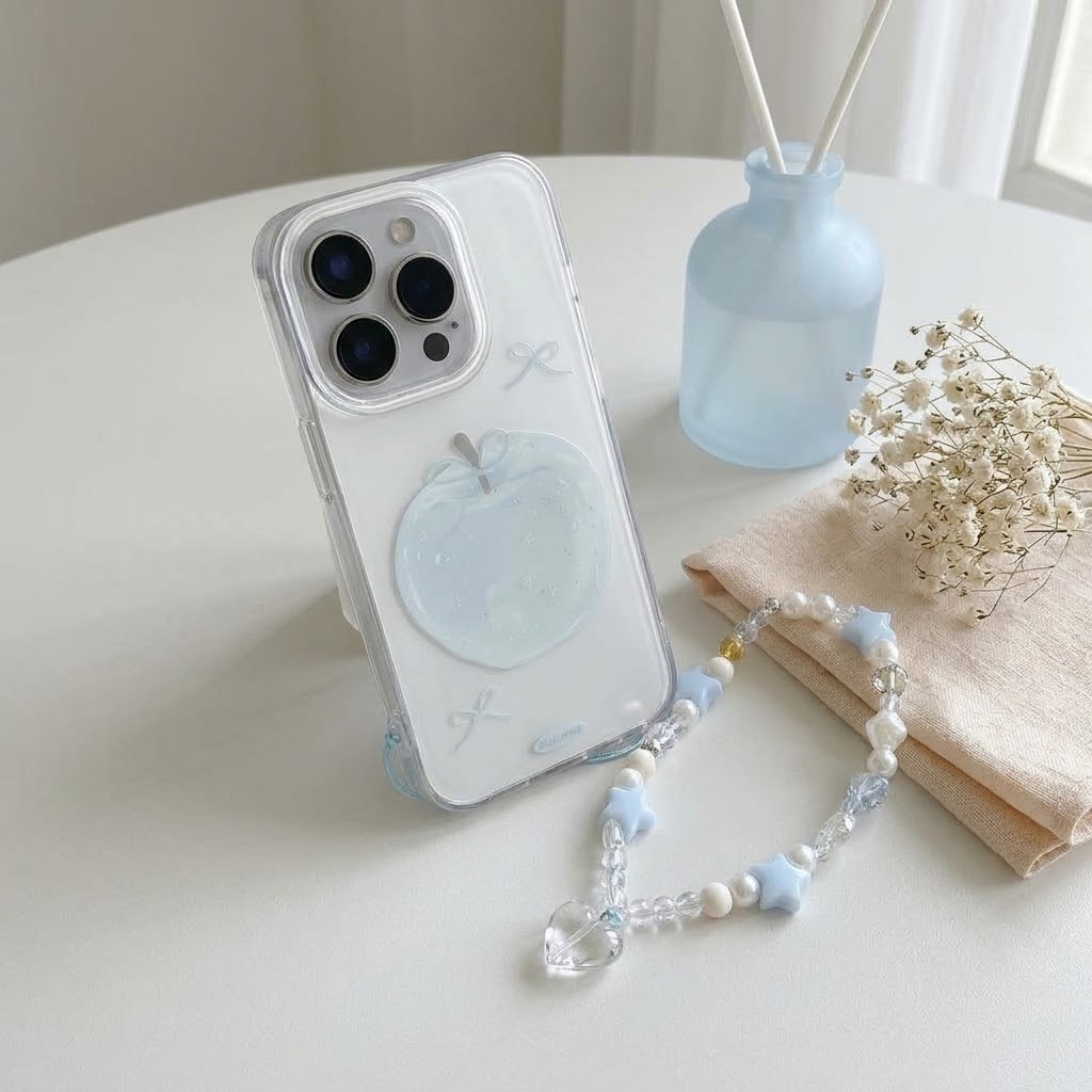 IPHONE Light Blue Apple Bow Phone Case with Star Pearl Wrist ChainLight Blue Apple Bow Phone Case with Star Pearl Wrist Chain