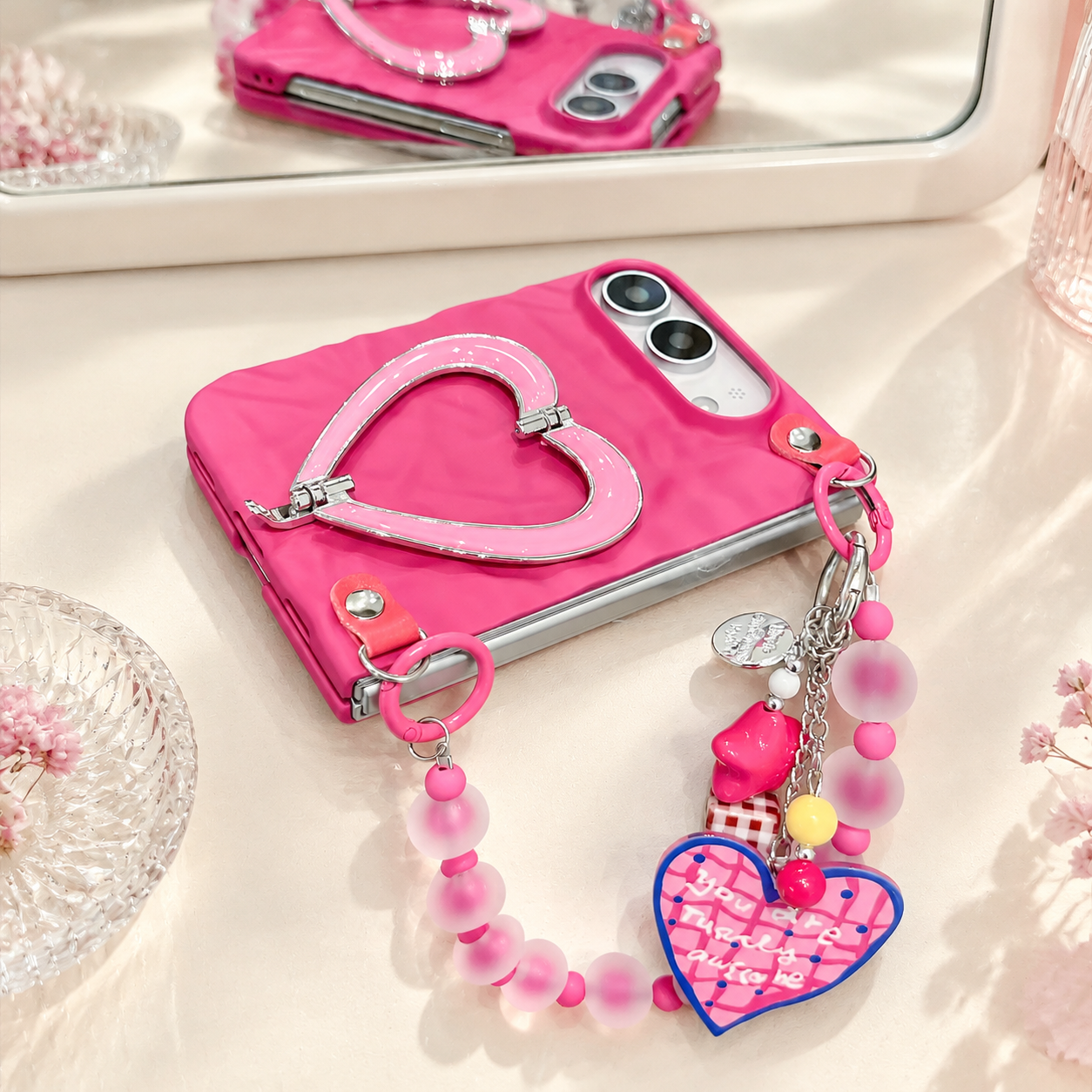 IPHONE Cute Heart Kickstand Foldable Case for iPhone Duo, With Bead Handle Charm