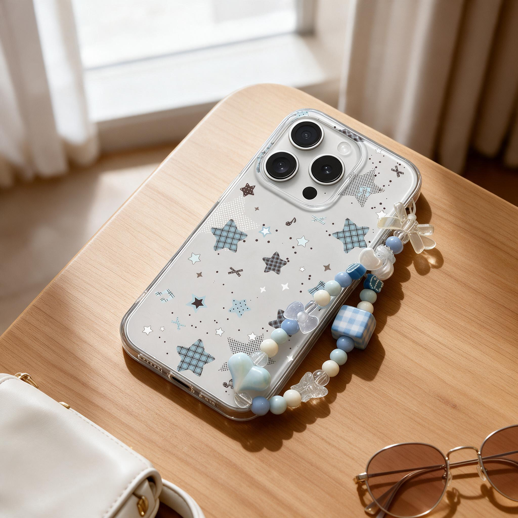 iPhone Aesthetic Star Pattern Clear  Case | Handmade Blue Heart Beaded Phone Lanyard for Girls