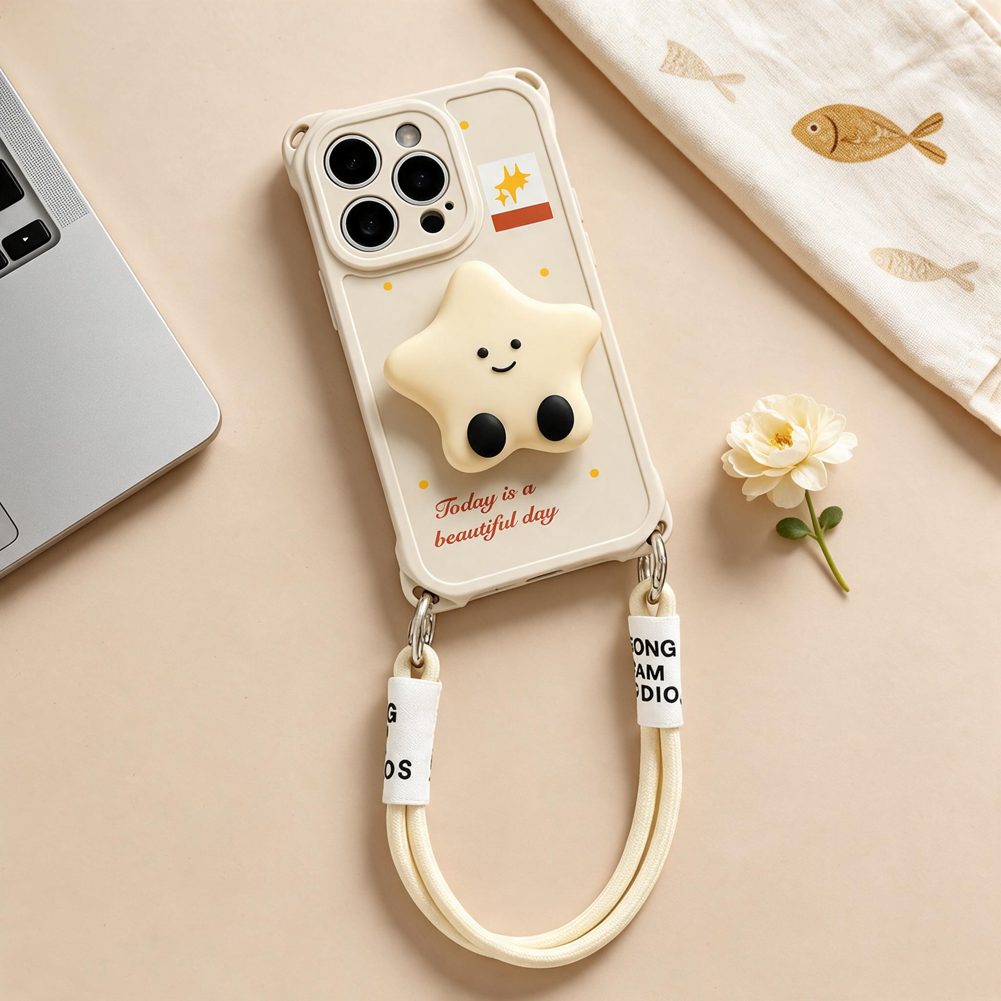 IPHONE Cute Smiling Star iPhone Case With Detachable Hand Strap  Pop Socket