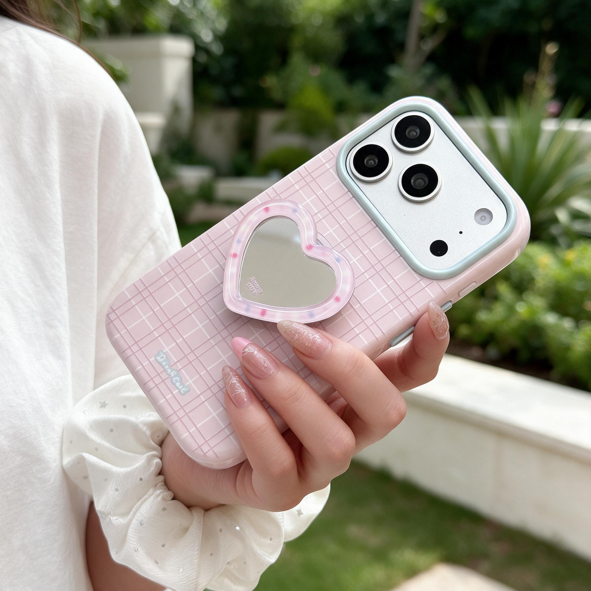 IPHONE aesthetic Pink Grid Glossy iPhone Case with Heart Mirror Stand