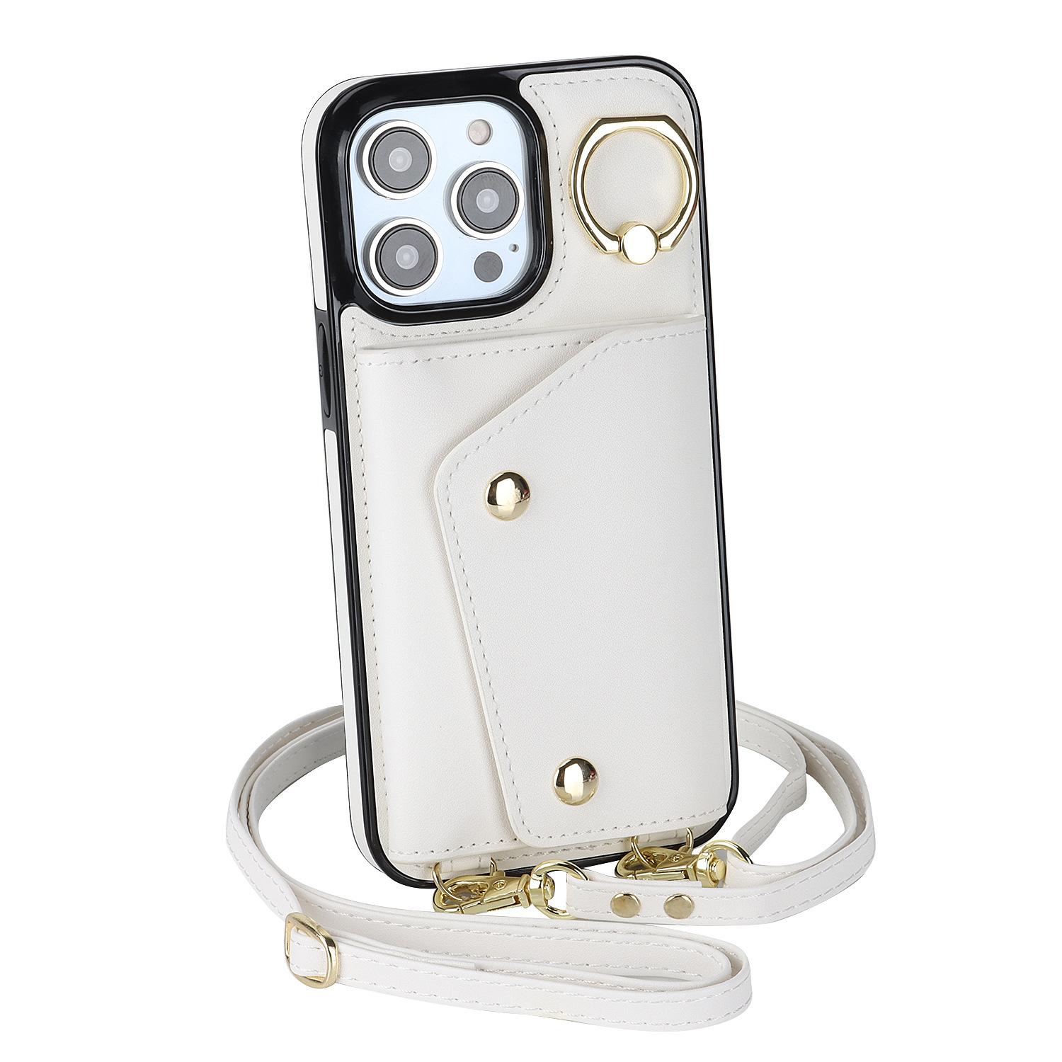 IPHONE protective leather case for iPhone with a back-cover design, featuring a wrist strap and a crossbody shoulder strap