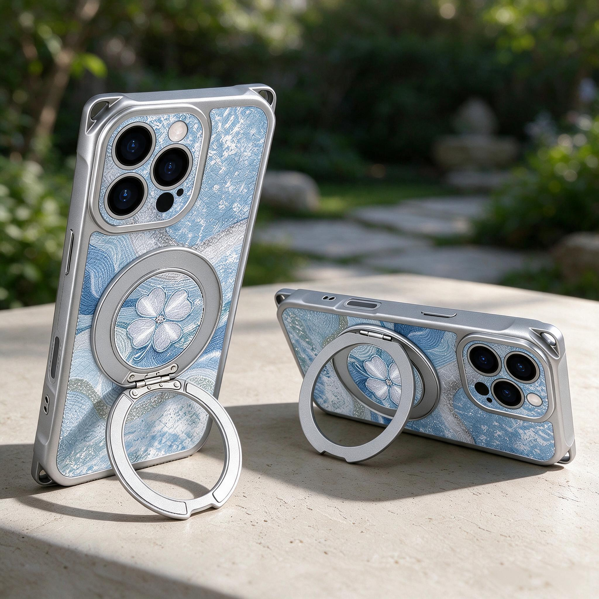 IPHONE Aesthetic Blue-Tone Four-Leaf Clover Case | Magnetic Rotating Kickstand + Crossbody & Wrist Lanyards