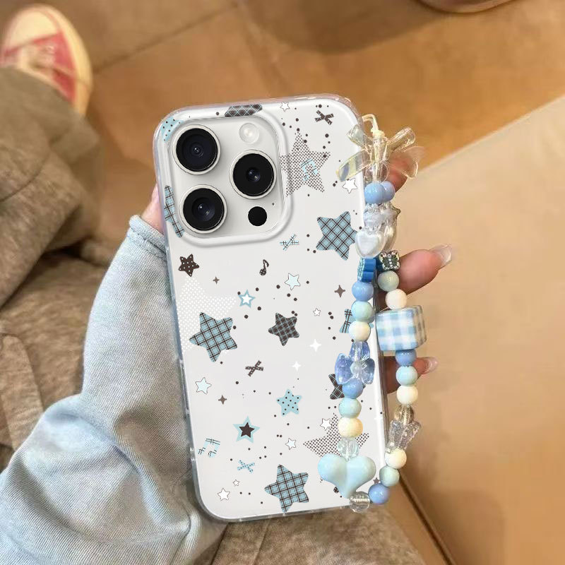 iPhone Aesthetic Star Pattern Clear  Case | Handmade Blue Heart Beaded Phone Lanyard for Girls