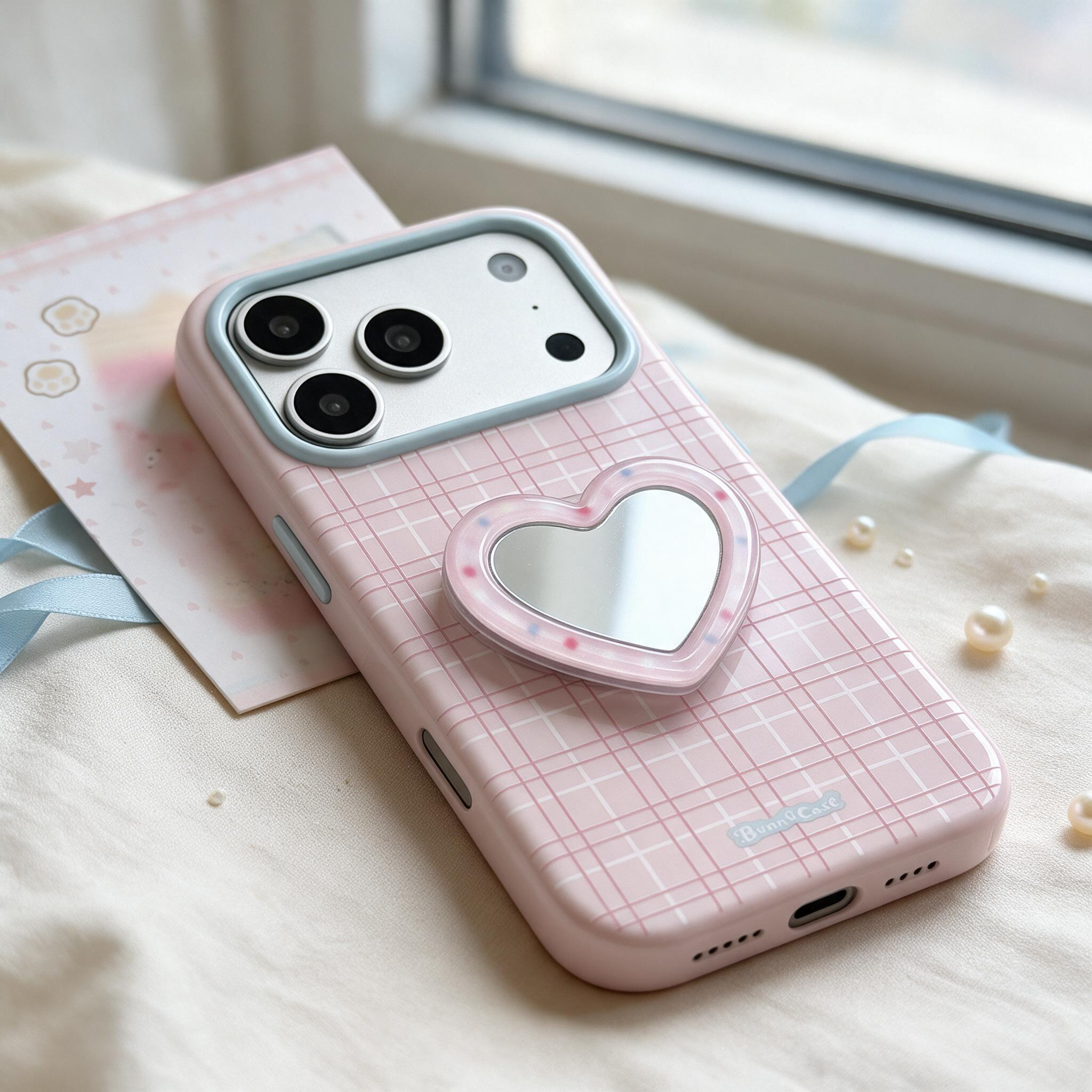 IPHONE aesthetic Pink Grid Glossy iPhone Case with Heart Mirror Stand
