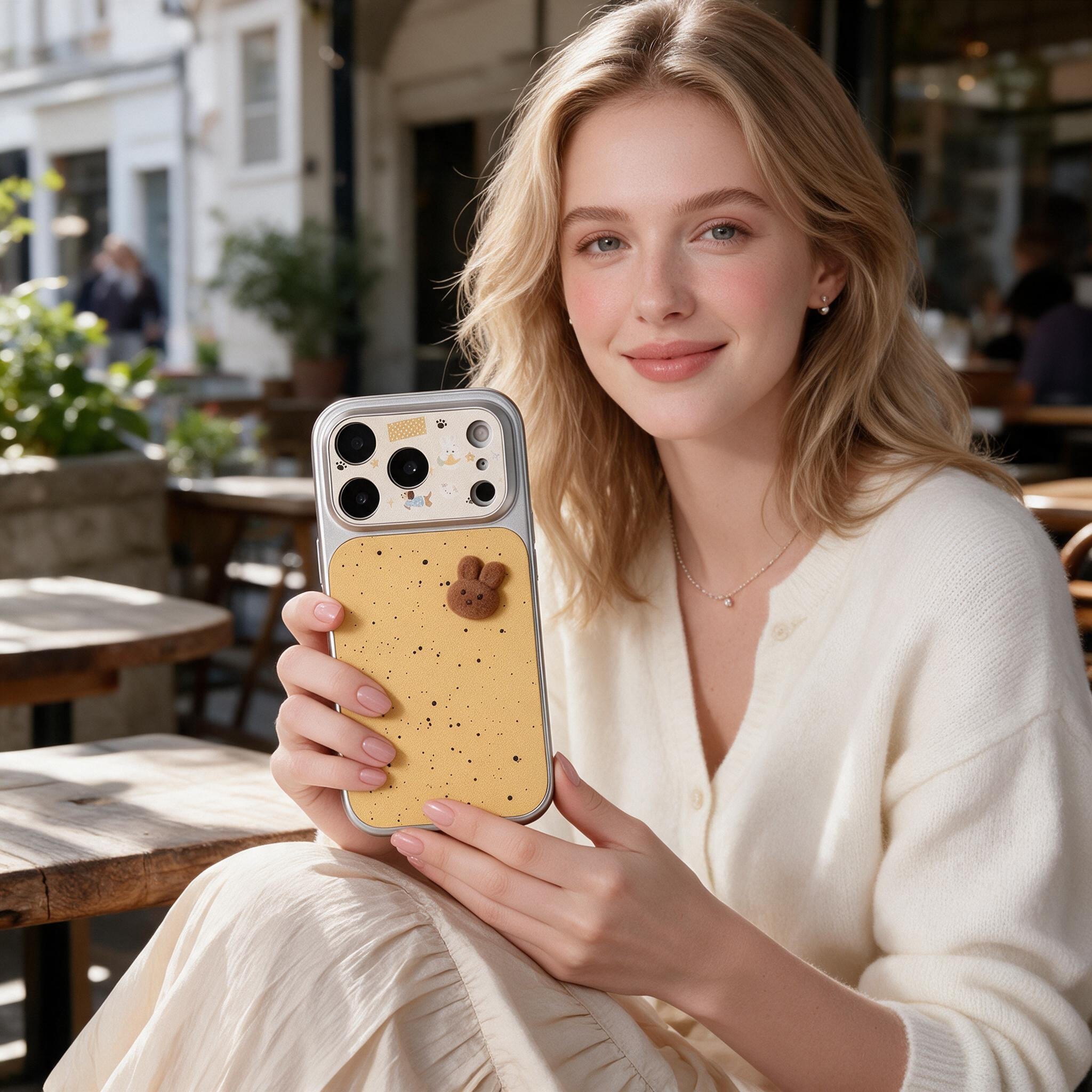 IPHONE sweet Yellow Speckled Rabbit Phone Case with Fluffy Bunny Detail
