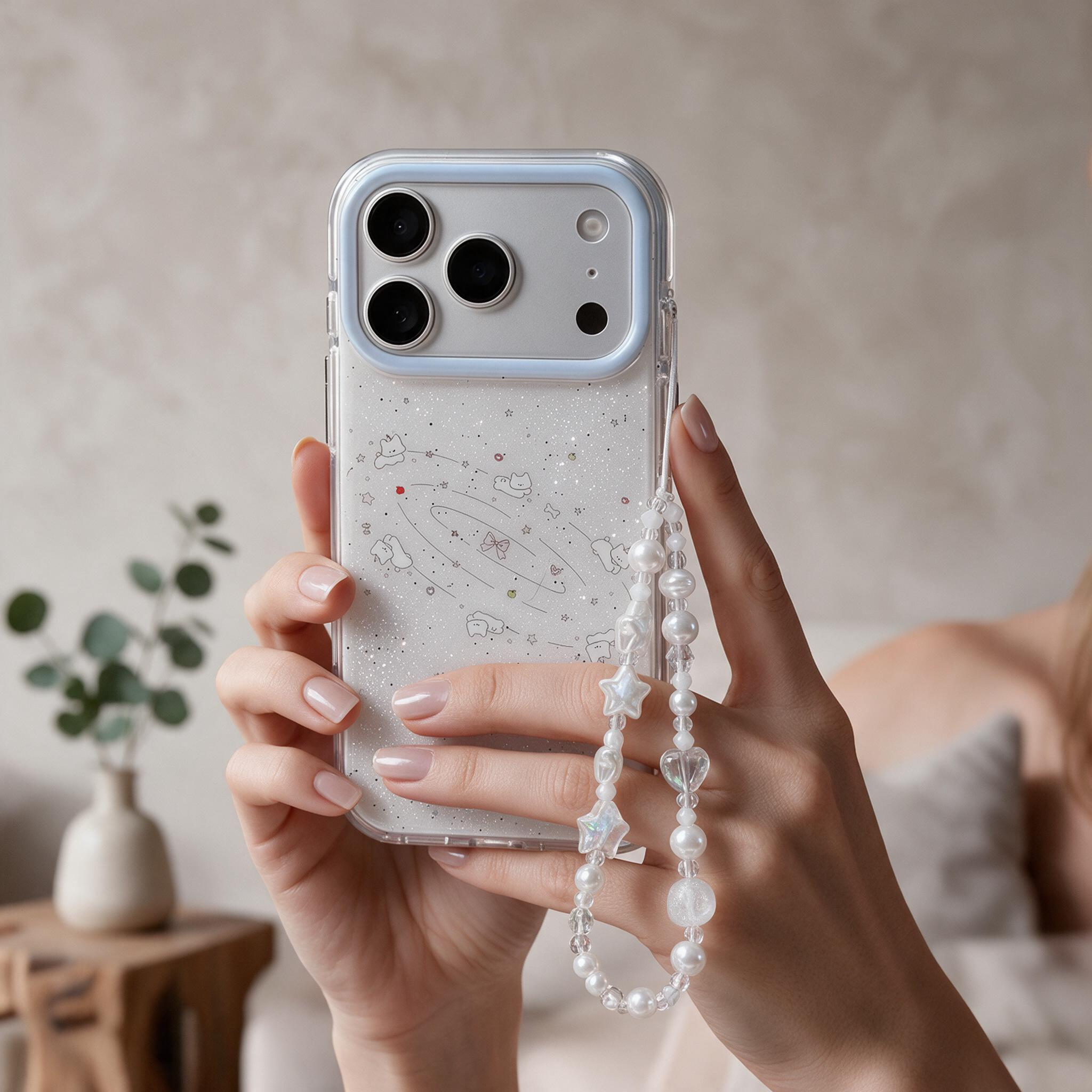 IPHONE clear Glitter Starry Sky Phone Case, Cute Orbiting Kitten Design Pearl Strap