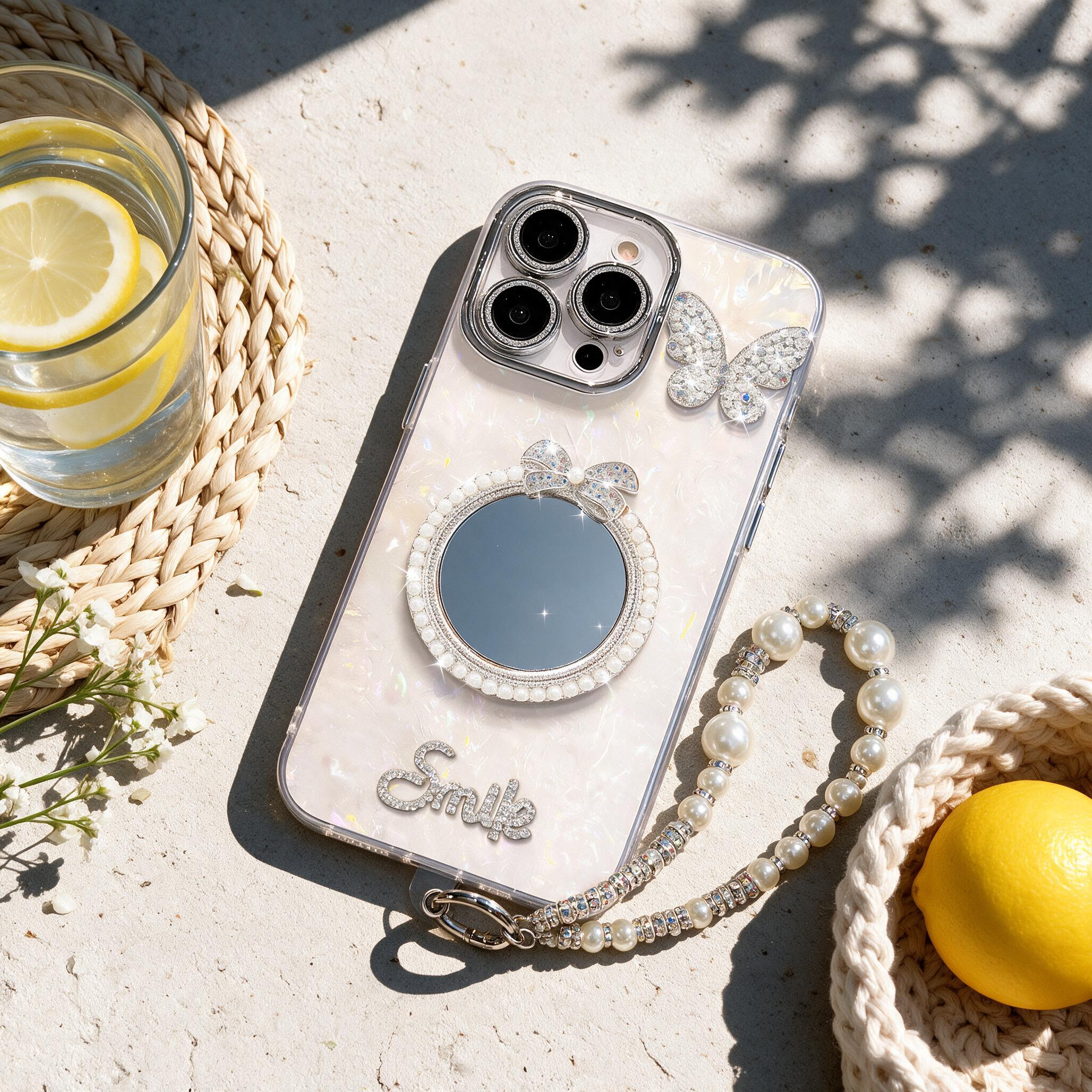 IPHONE Rhinestone Butterfly Mirror Phone Case | With Pearl Wrist Strap