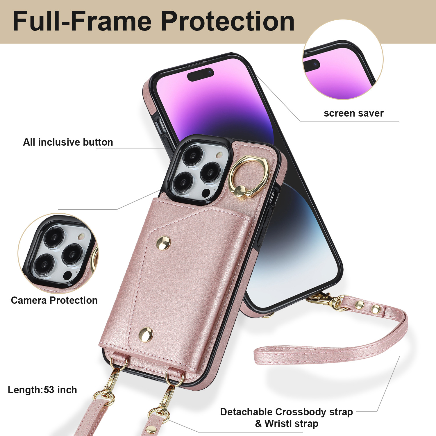 IPHONE protective leather case for iPhone with a back-cover design, featuring a wrist strap and a crossbody shoulder strap