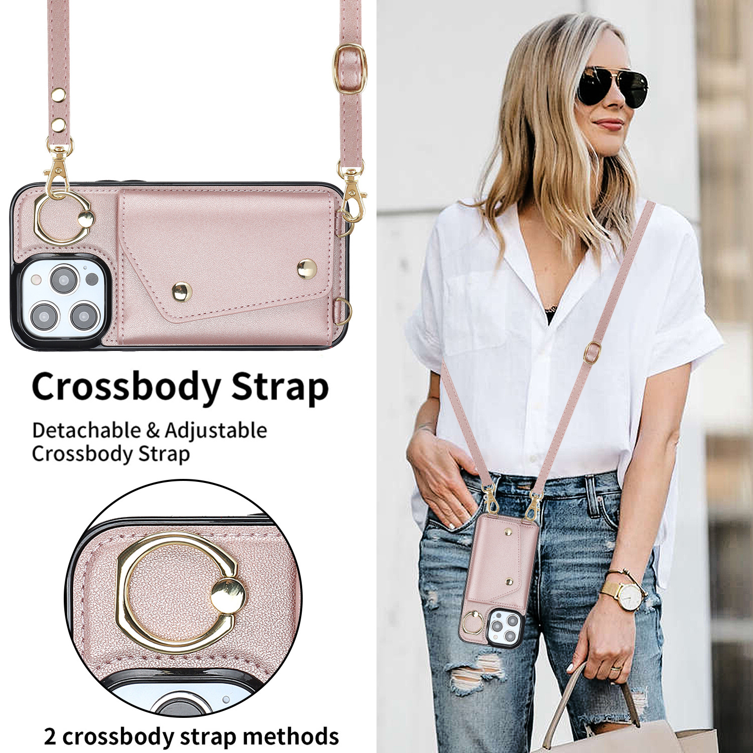 IPHONE protective leather case for iPhone with a back-cover design, featuring a wrist strap and a crossbody shoulder strap