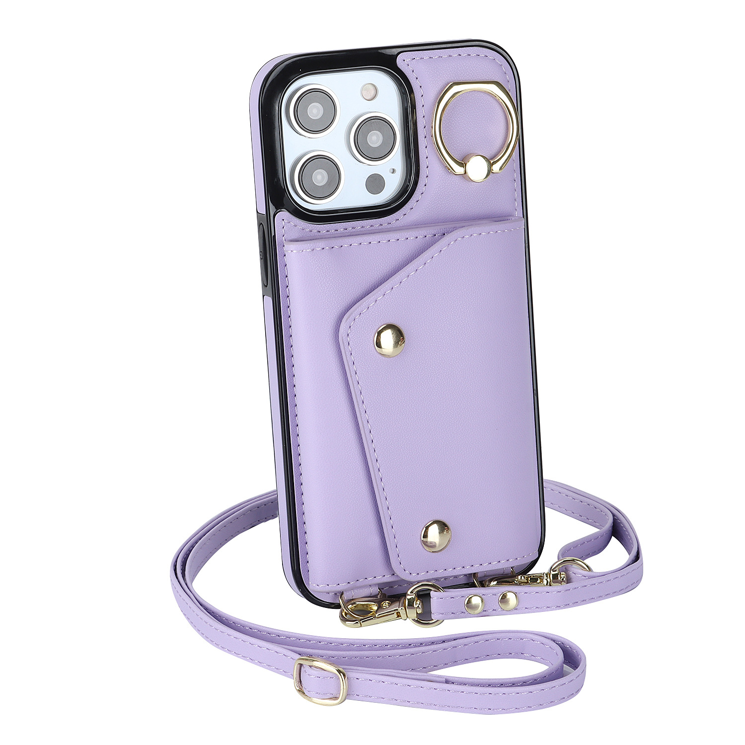 IPHONE protective leather case for iPhone with a back-cover design, featuring a wrist strap and a crossbody shoulder strap