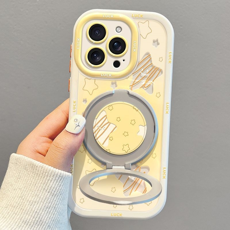 IPHONE Cream Yellow Star  Case | Magnetic Rotatable Stand + Woven Wrist Strap