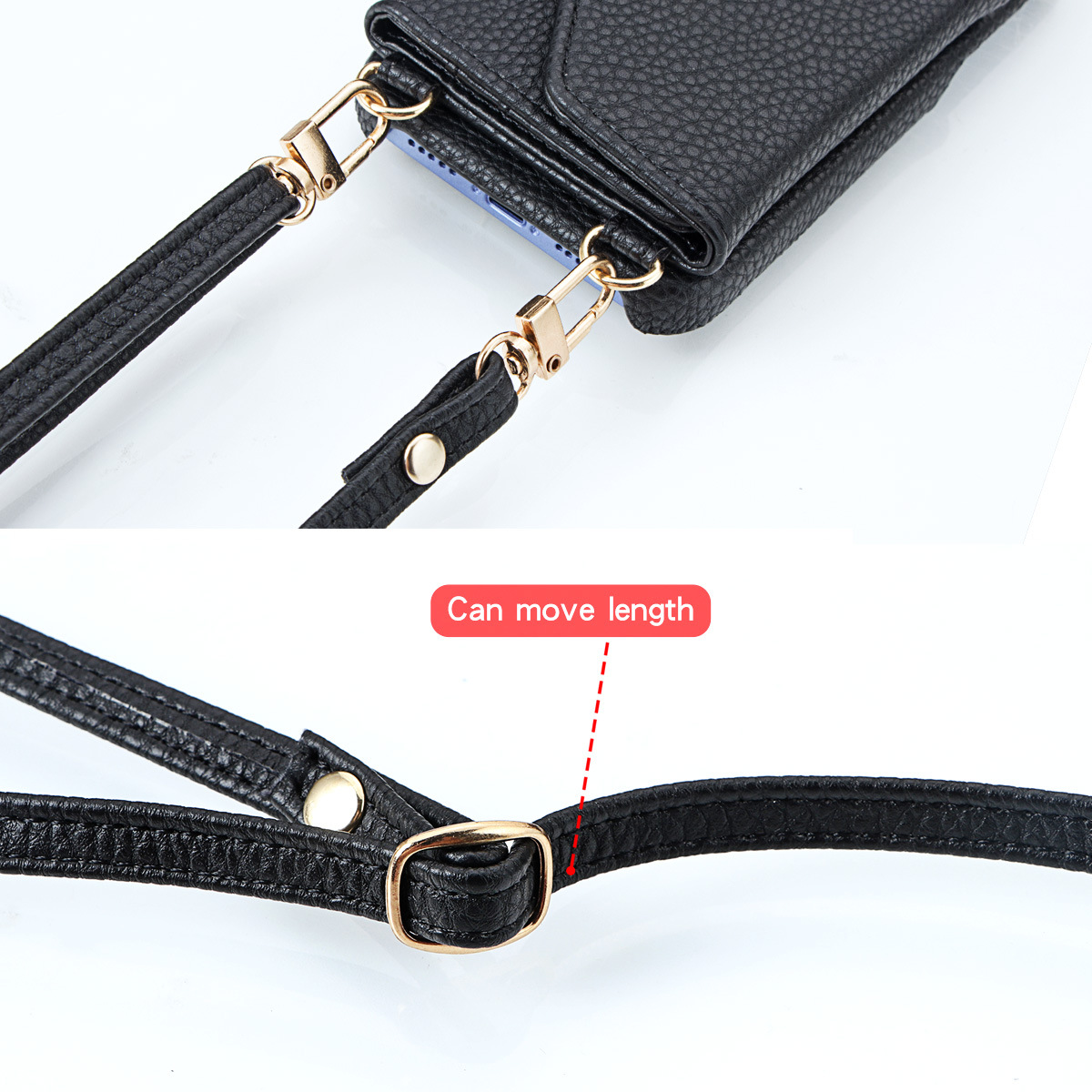 [Copy]IPHONE protective leather case for iPhone with a back-cover design, featuring a wrist strap and a crossbody shoulder strap
