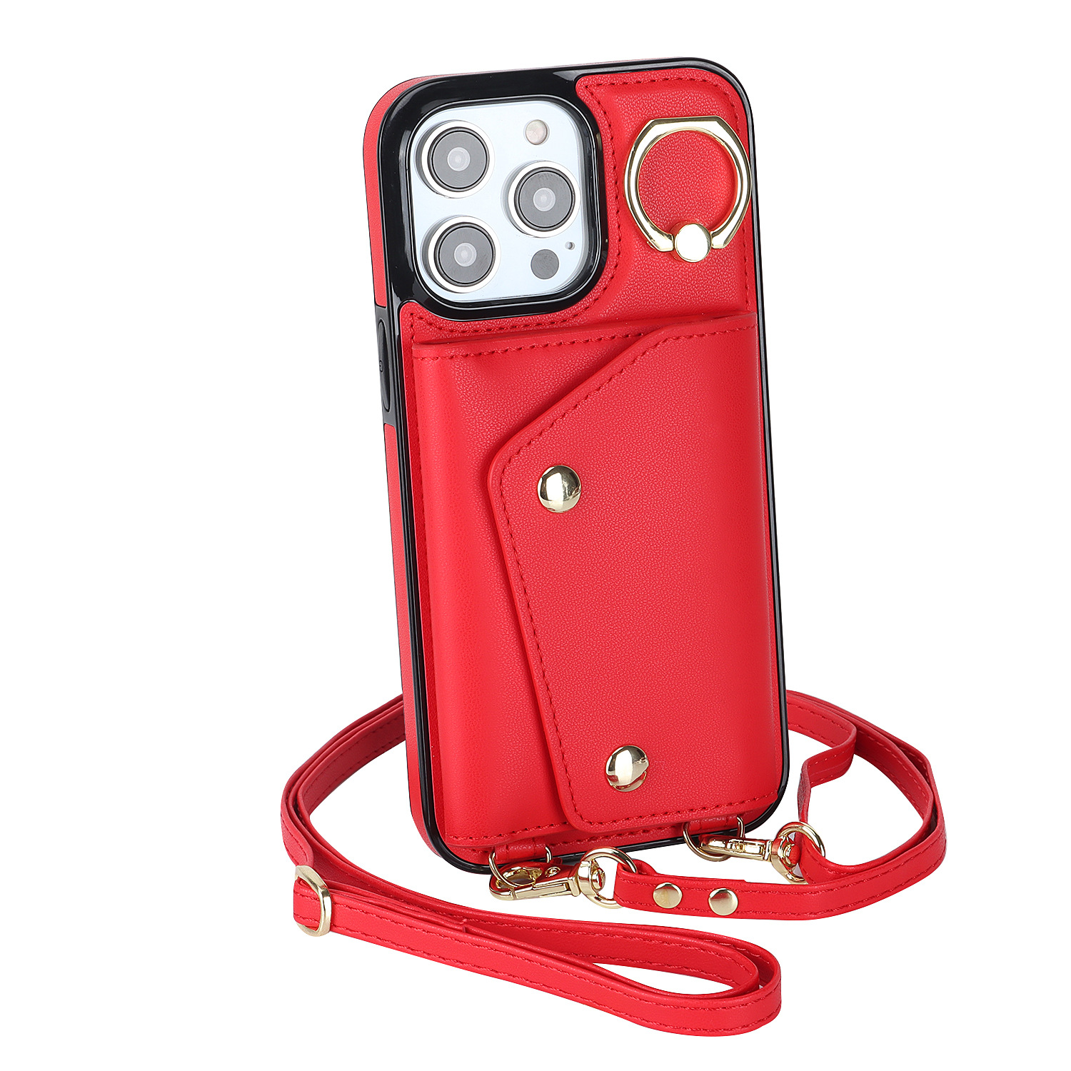 IPHONE protective leather case for iPhone with a back-cover design, featuring a wrist strap and a crossbody shoulder strap