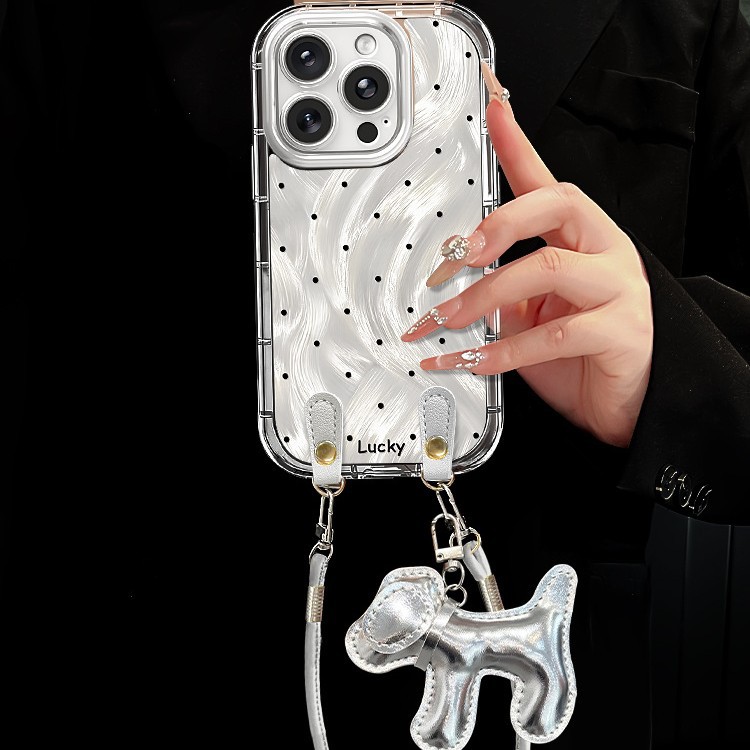IPHOEN Silver Wave Polka Dot Phone Case with Crossbody Lanyard & Puppy Charm