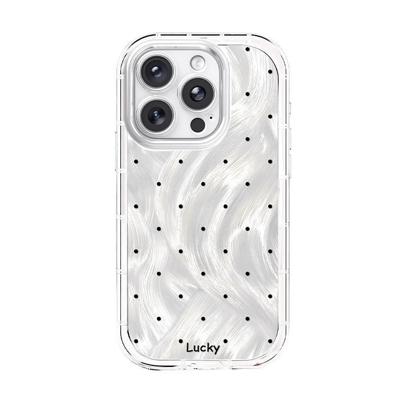 IPHOEN Silver Wave Polka Dot Phone Case with Crossbody Lanyard & Puppy Charm