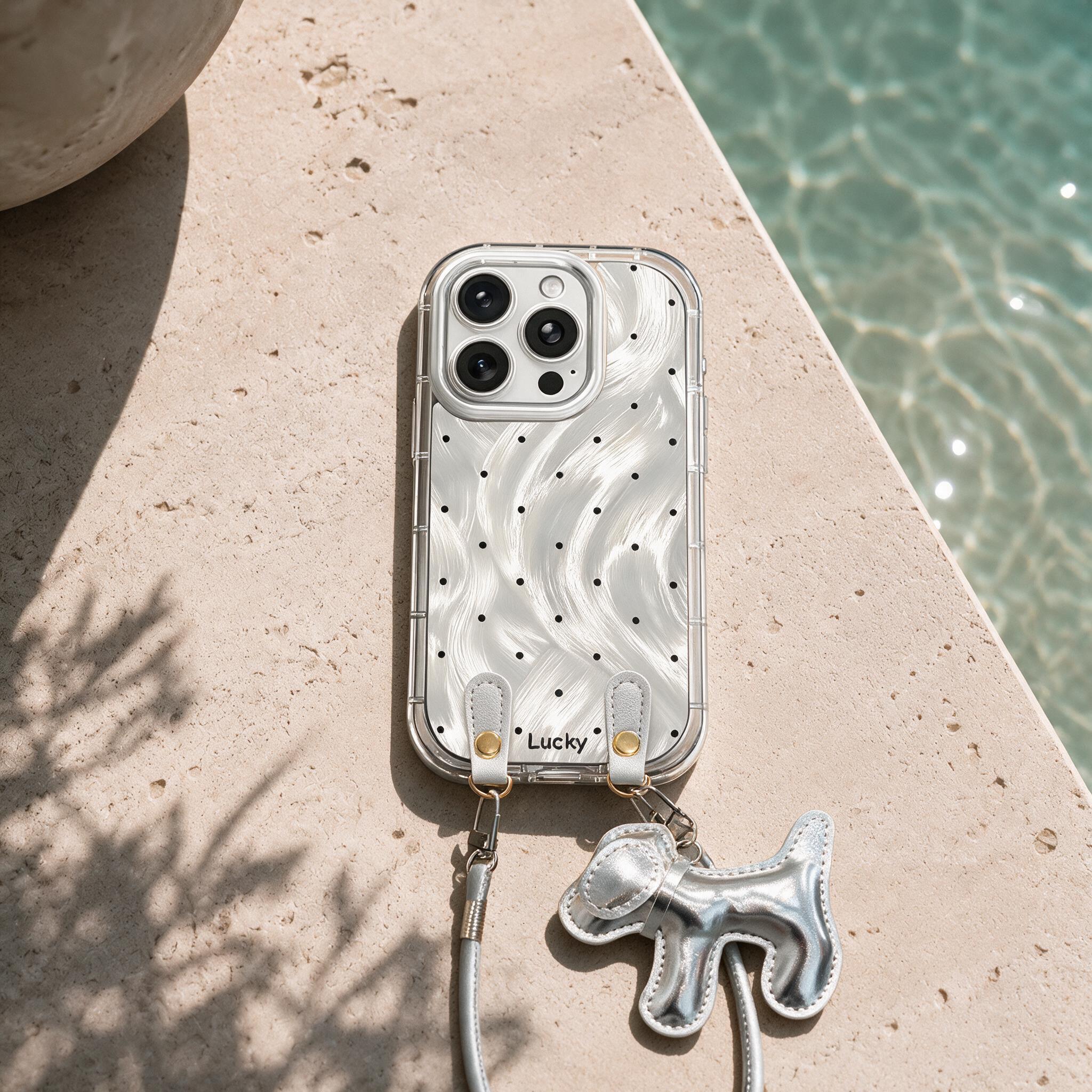IPHOEN Silver Wave Polka Dot Phone Case with Crossbody Lanyard & Puppy Charm