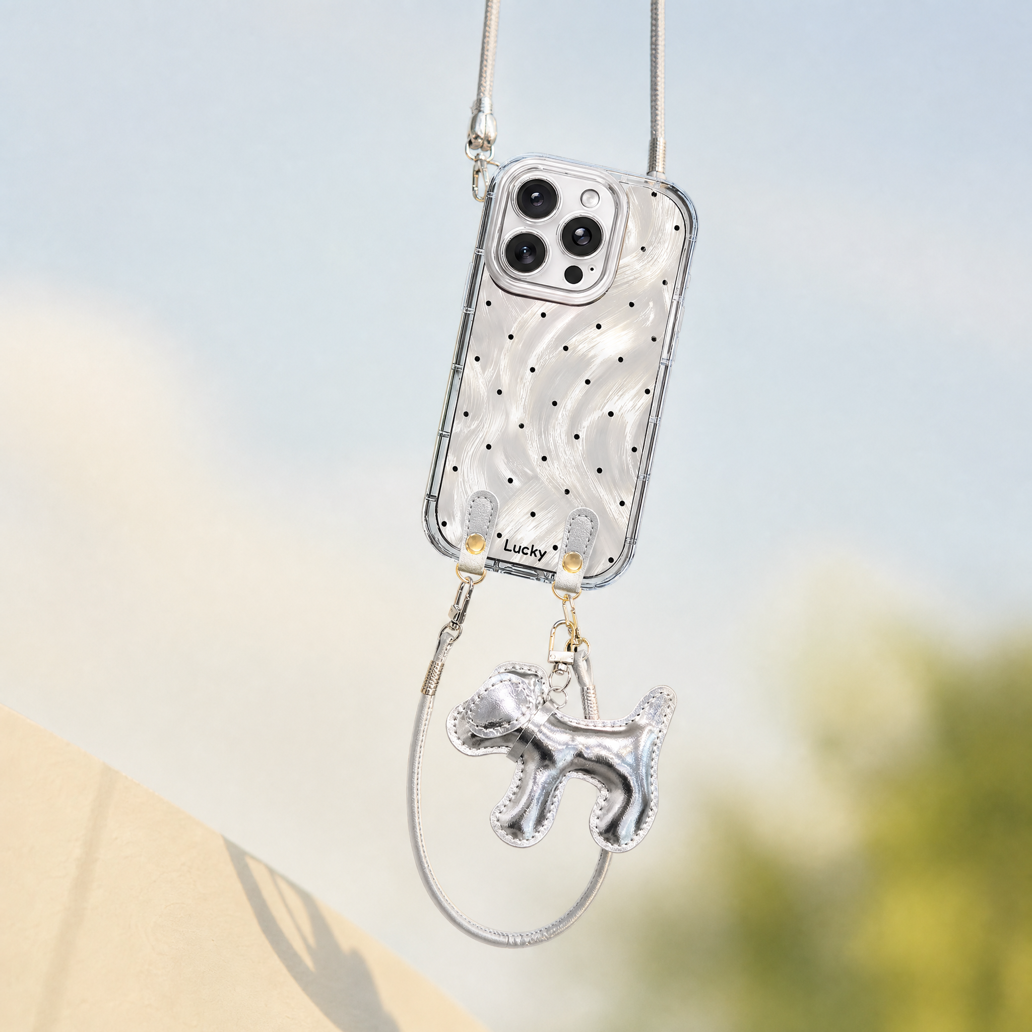 IPHOEN Silver Wave Polka Dot Phone Case with Crossbody Lanyard & Puppy Charm