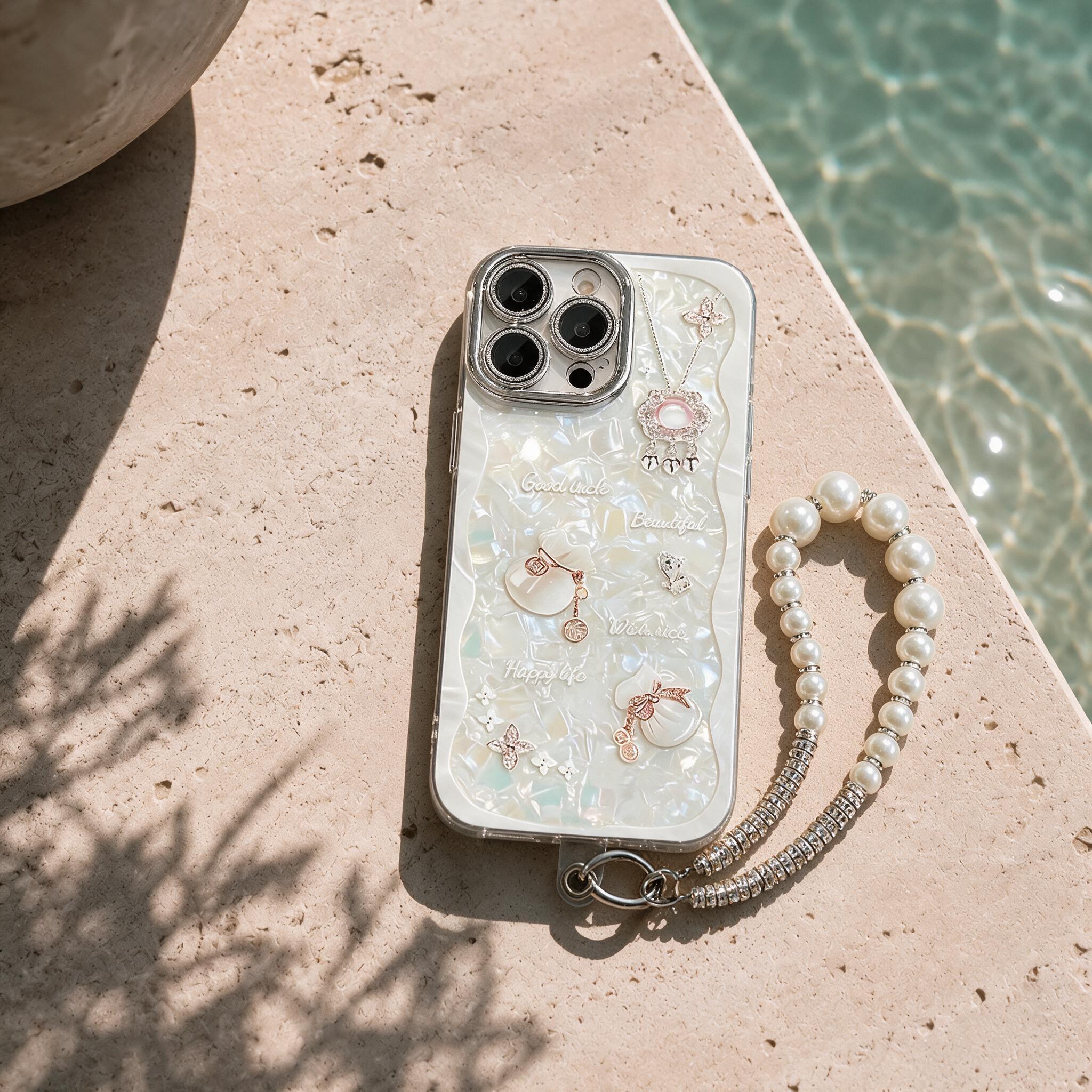 IPHOEN Luxury Mother of Pearl Phone Case with Pearl Strap | Lucky Charms