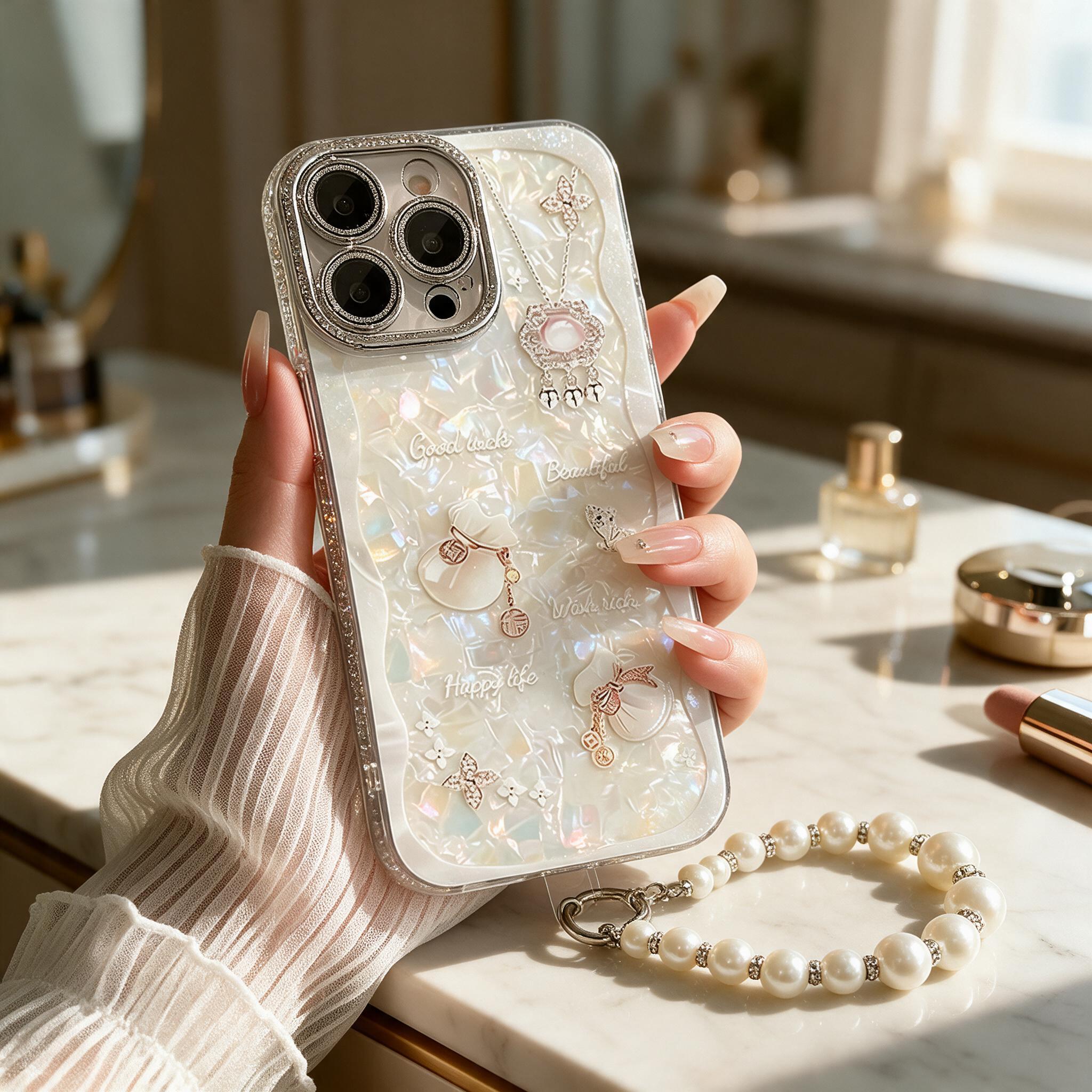 IPHOEN Luxury Mother of Pearl Phone Case with Pearl Strap | Lucky Charms