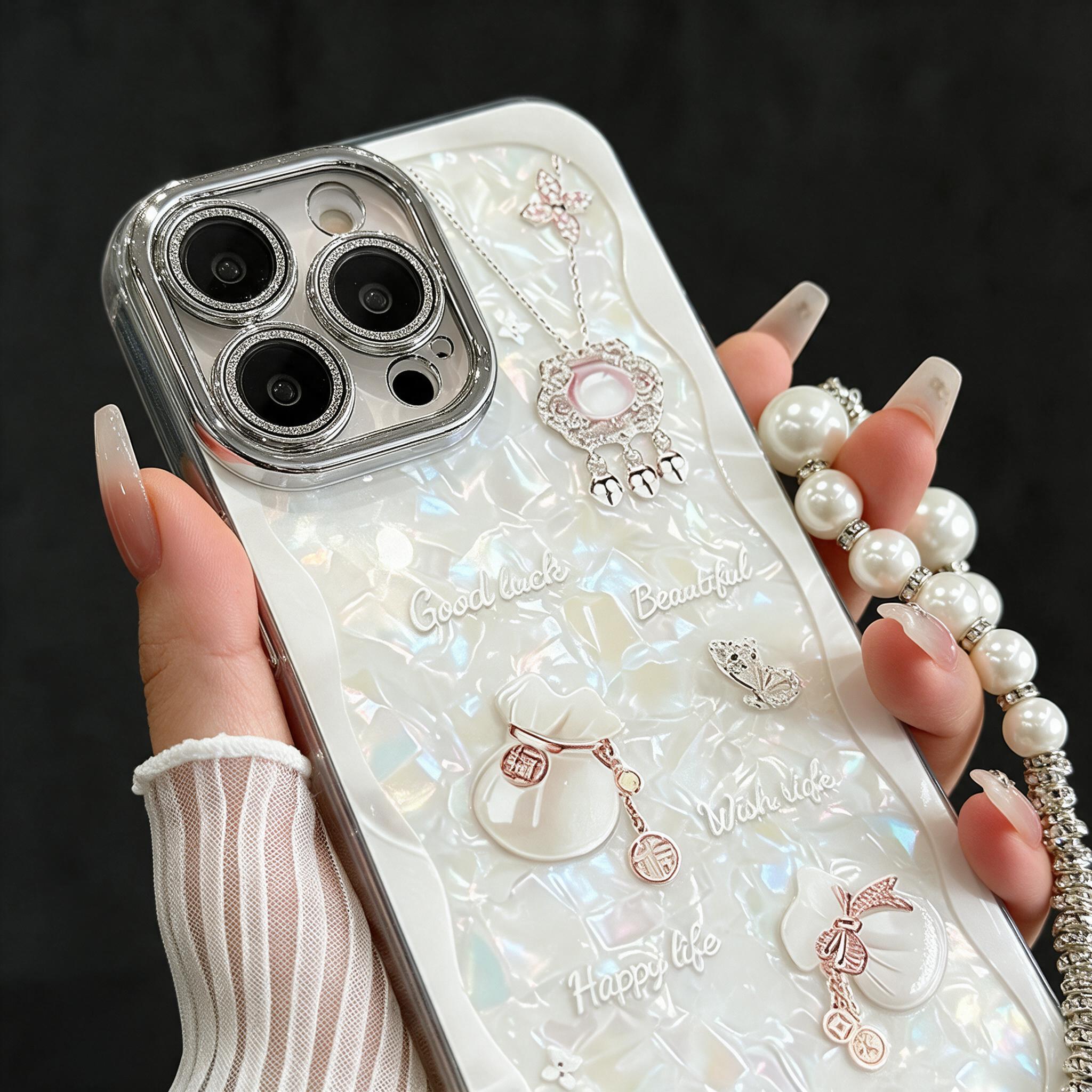 IPHOEN Luxury Mother of Pearl Phone Case with Pearl Strap | Lucky Charms
