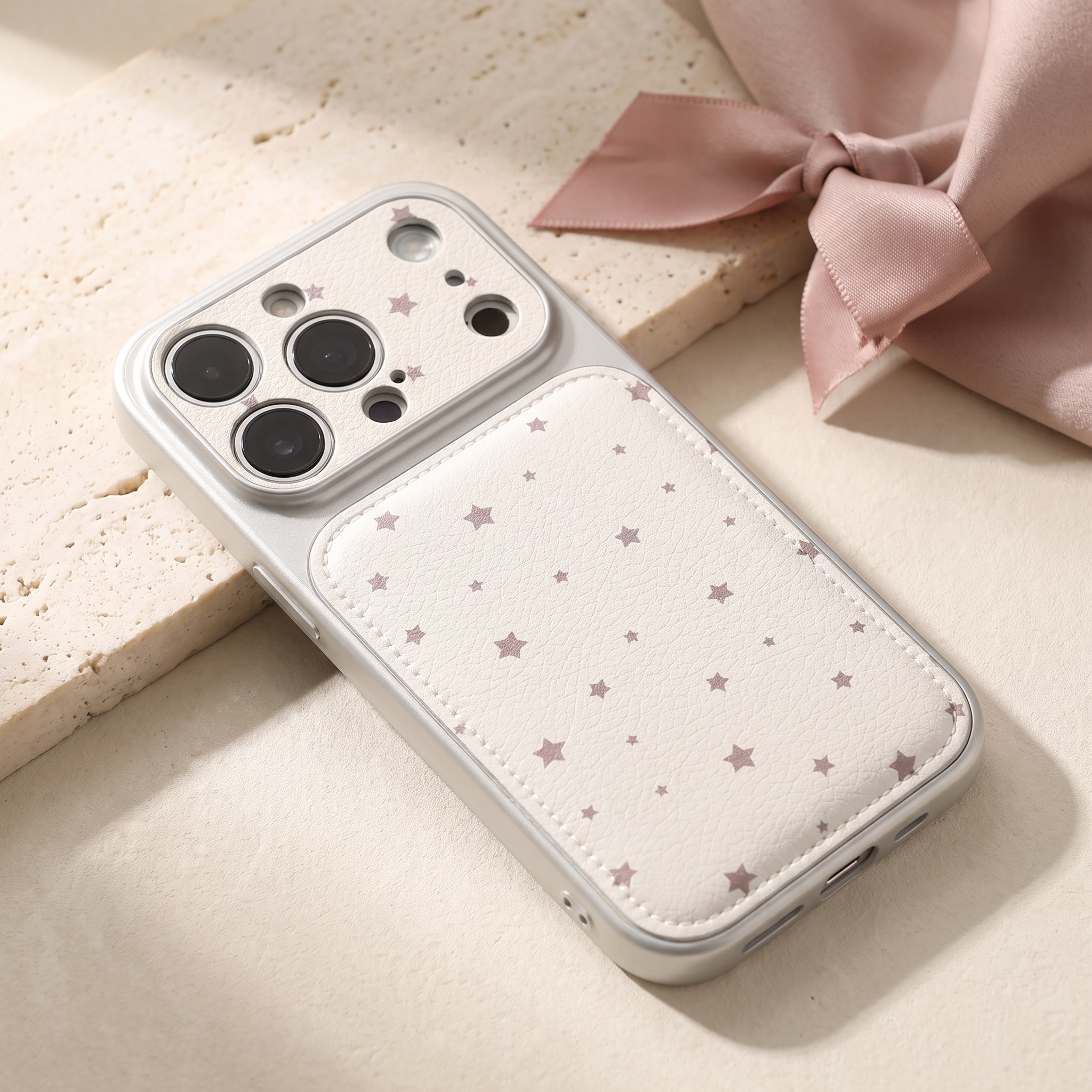 IPHONE Starry Faux Leather  Case | Soft Pink Star Print With Card Pocket