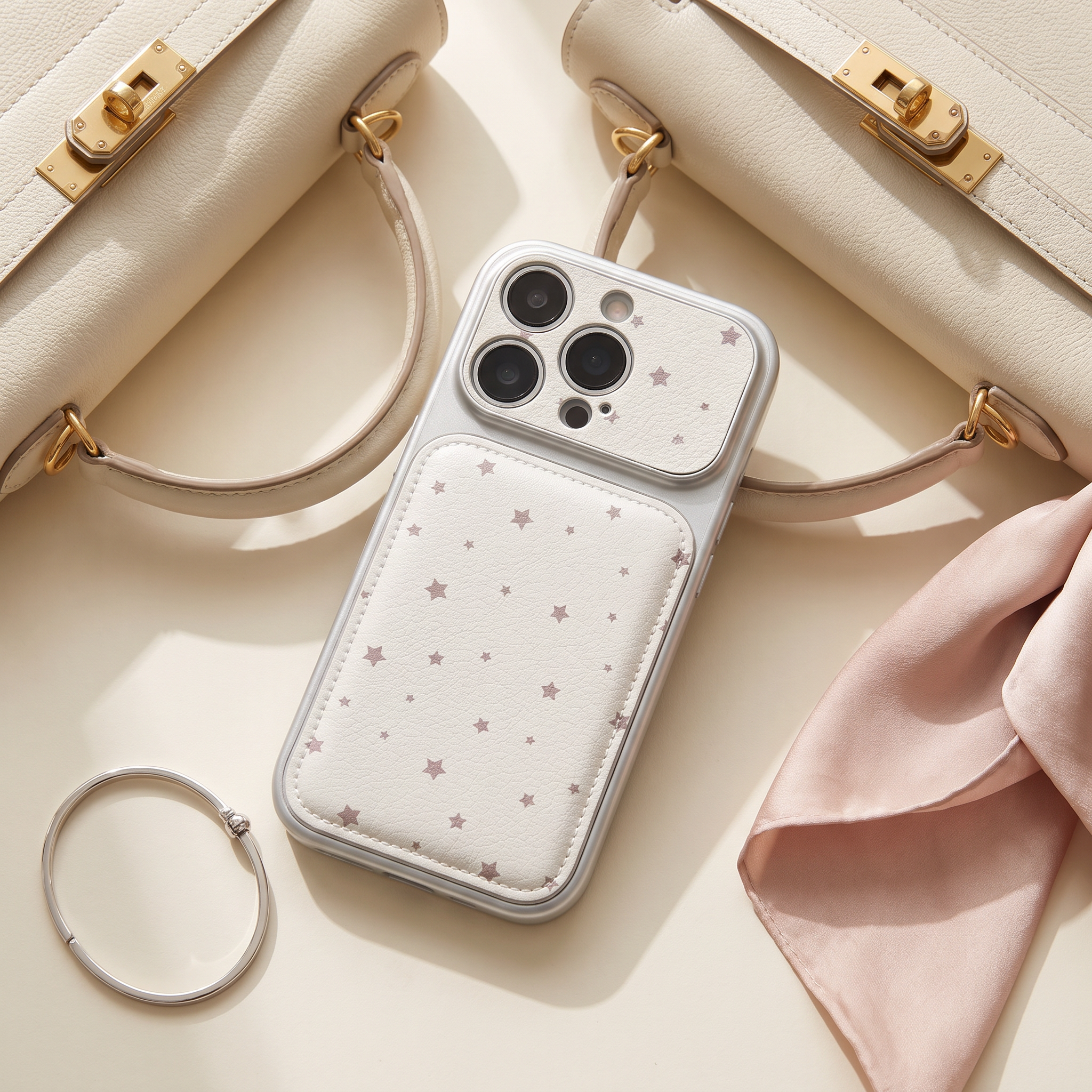 IPHONE Starry Faux Leather  Case | Soft Pink Star Print With Card Pocket