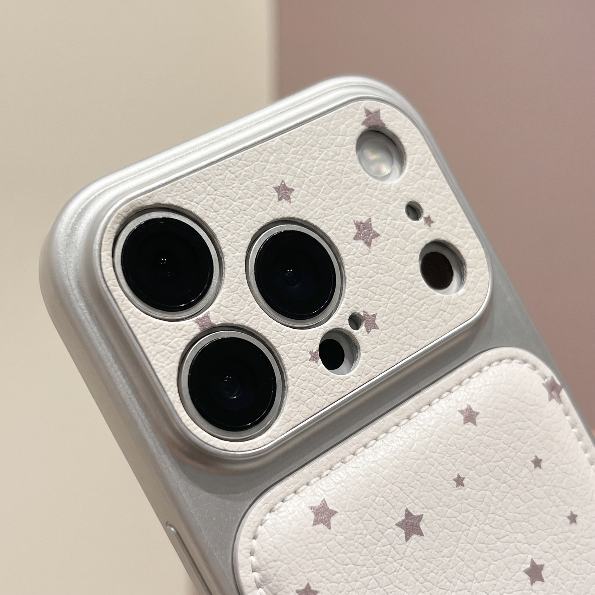 IPHONE Starry Faux Leather  Case | Soft Pink Star Print With Card Pocket
