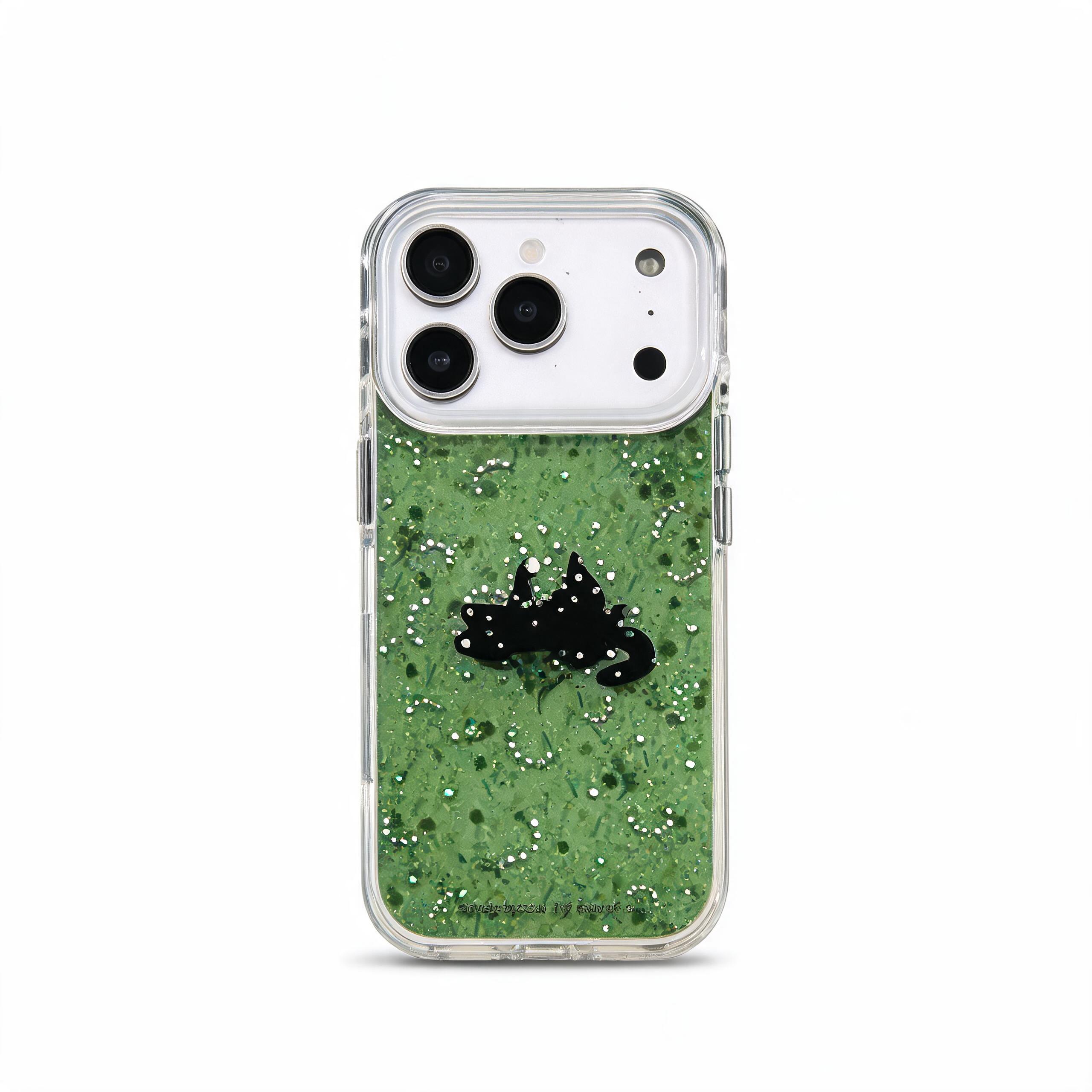 IPHONE Green Glitter Liquid Phone Case with Black Cat Silhouette
