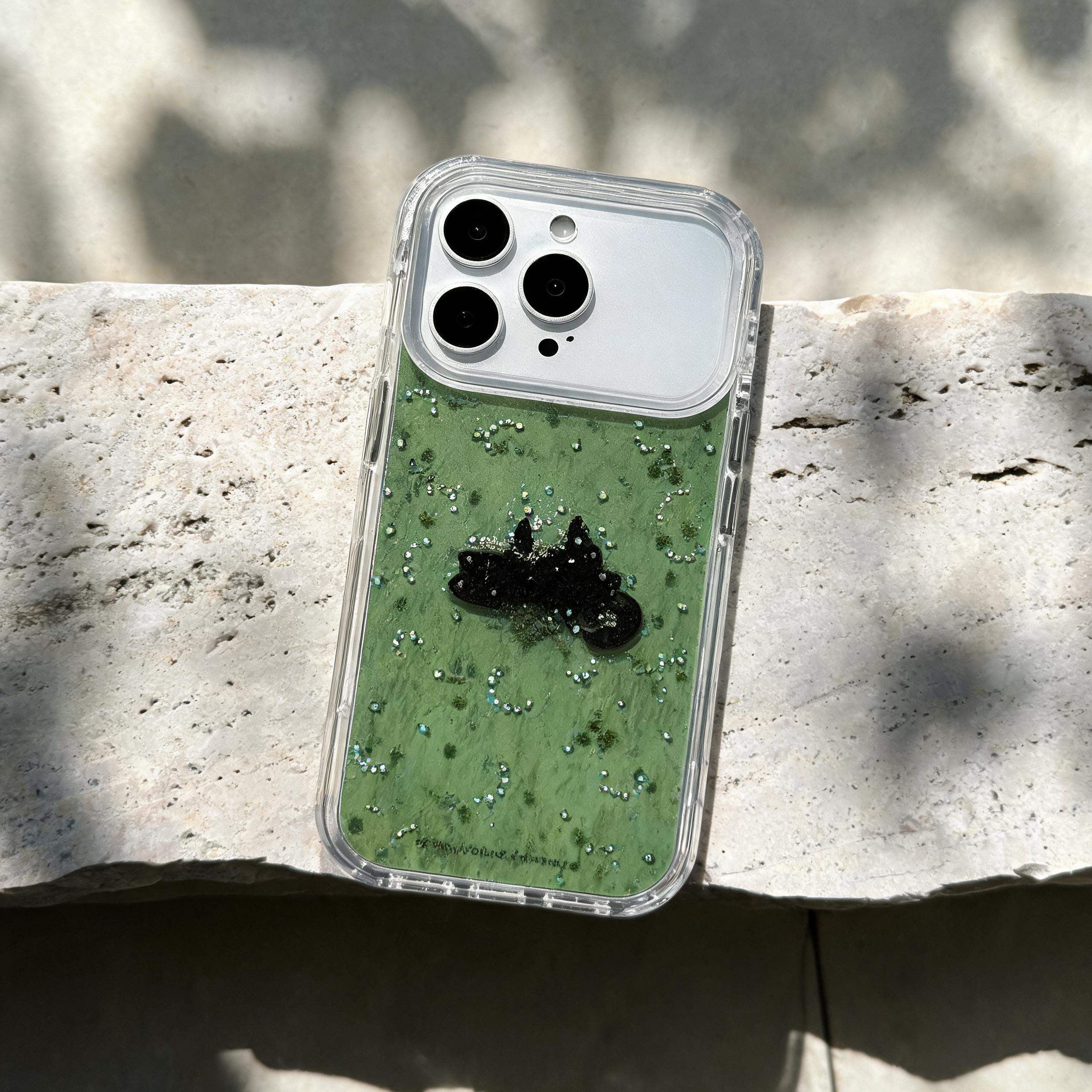 IPHONE Green Glitter Liquid Phone Case with Black Cat Silhouette