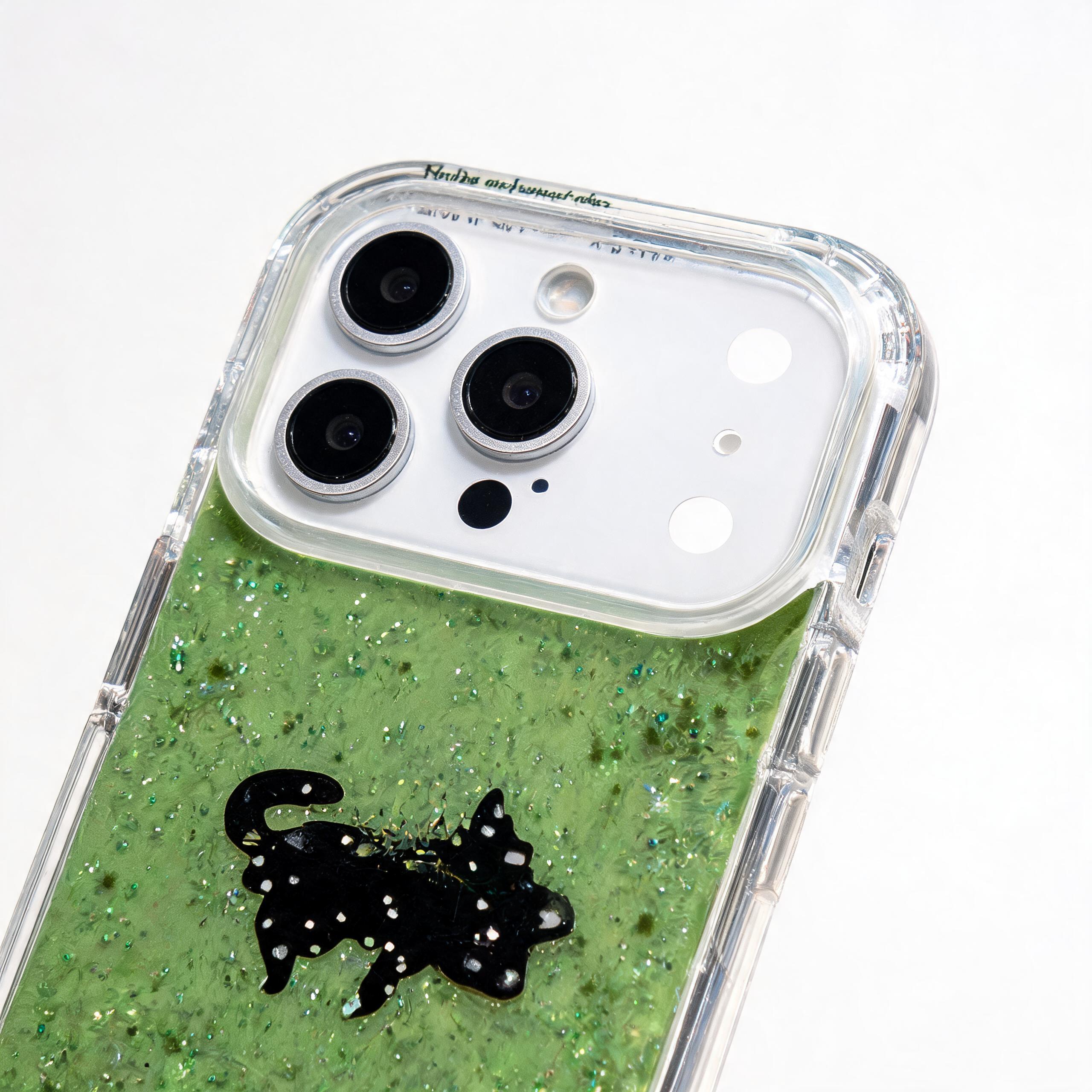 IPHONE Green Glitter Liquid Phone Case with Black Cat Silhouette