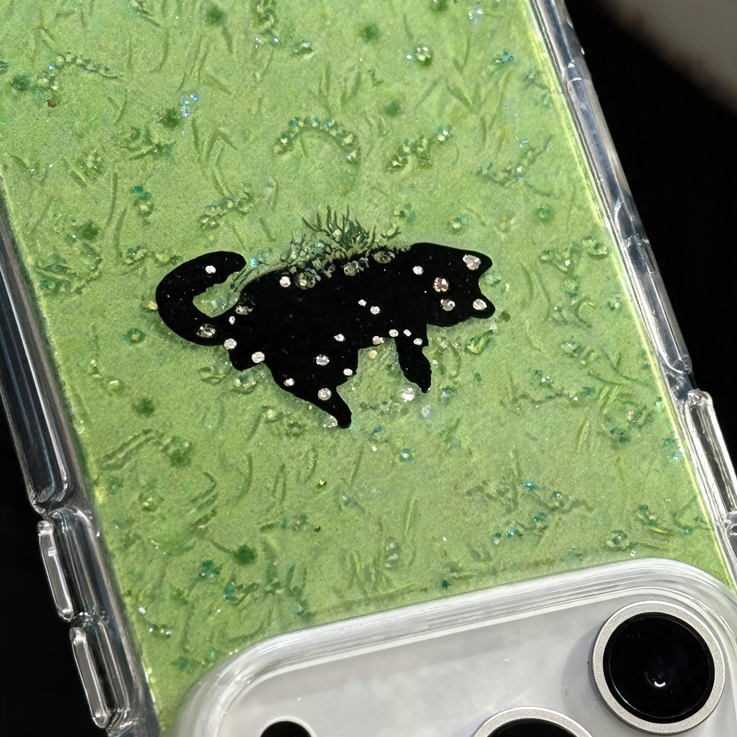 IPHONE Green Glitter Liquid Phone Case with Black Cat Silhouette