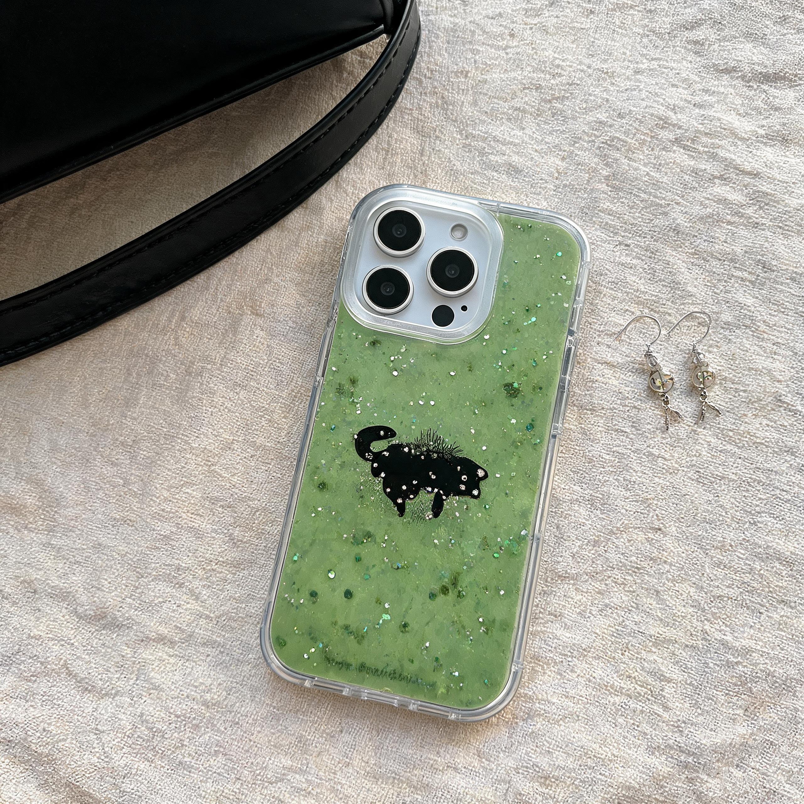 IPHONE Green Glitter Liquid Phone Case with Black Cat Silhouette