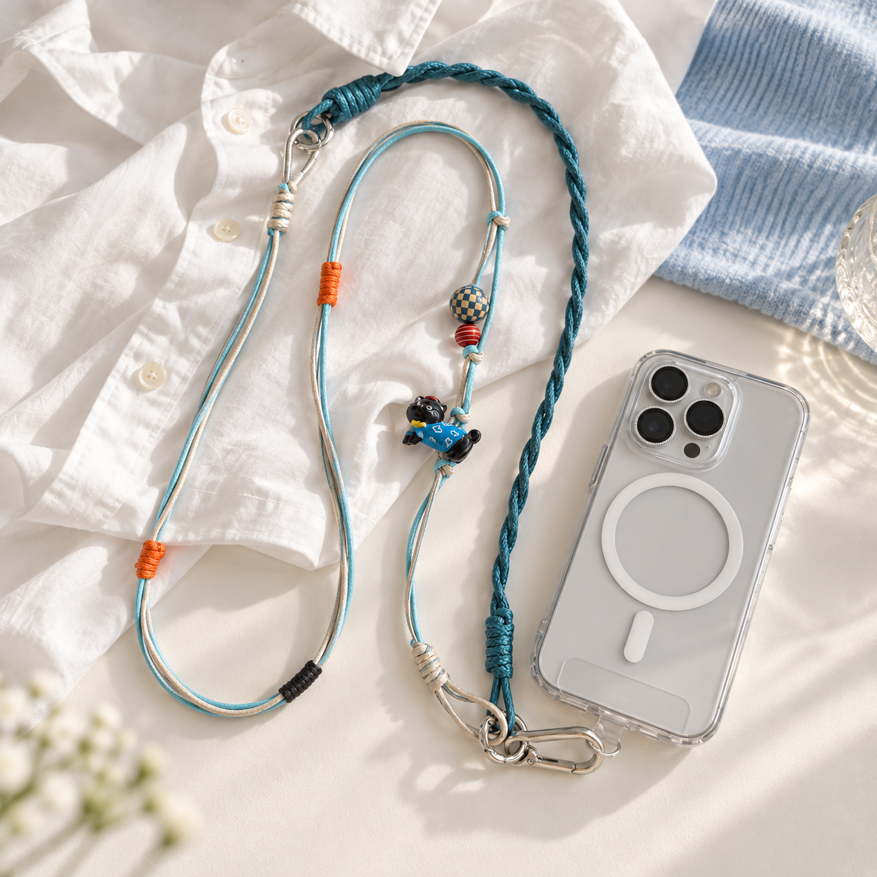 IPHNOE Boho Braided Crossbody Phone Strap | Cute Cartoon Charm Lanyard