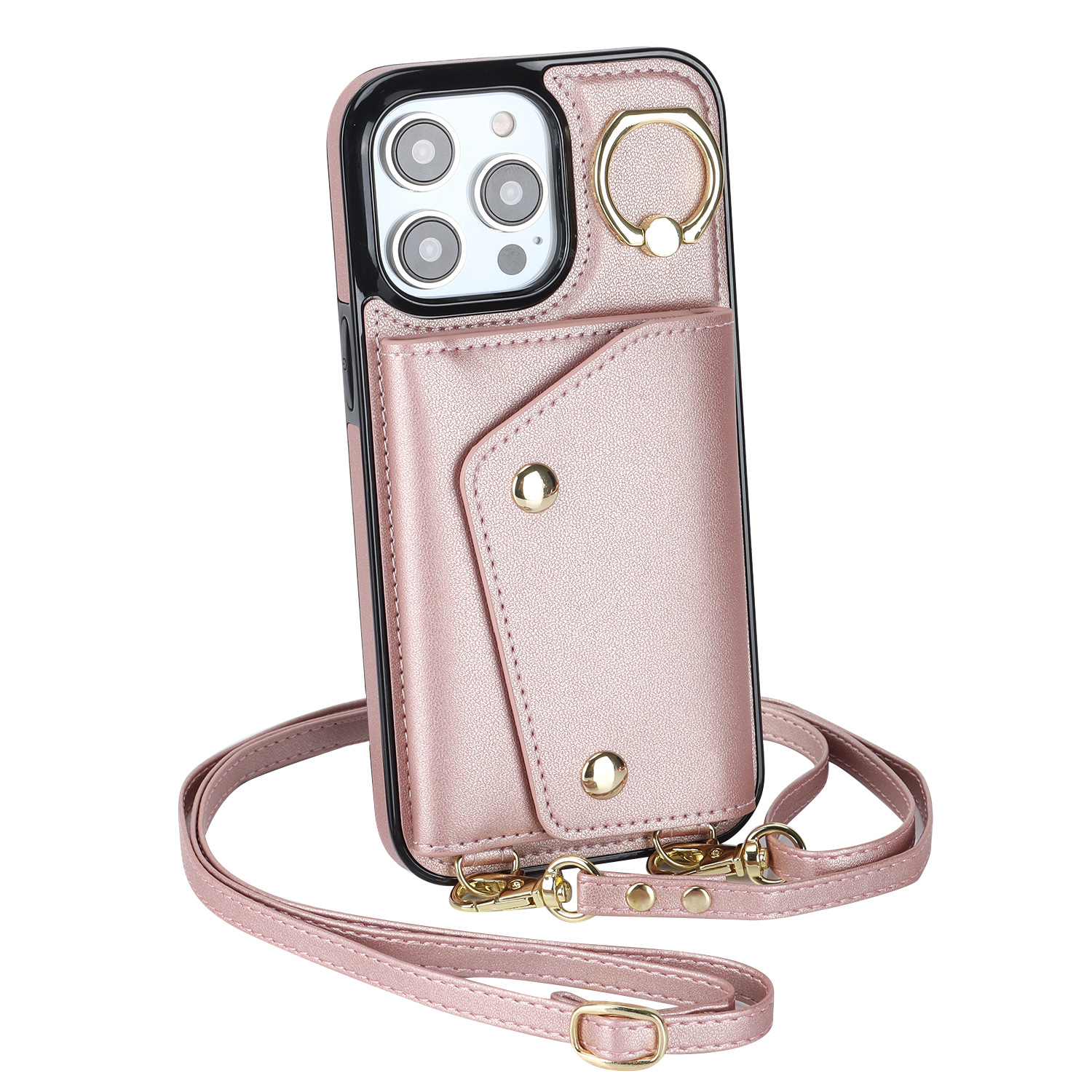 IPHONE protective leather case for iPhone with a back-cover design, featuring a wrist strap and a crossbody shoulder strap