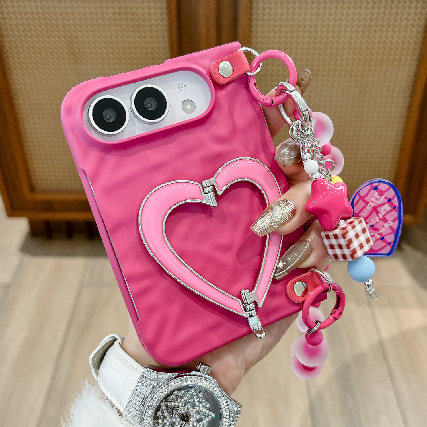 IPHONE Cute Heart Kickstand Foldable Case for iPhone Duo, With Bead Handle Charm