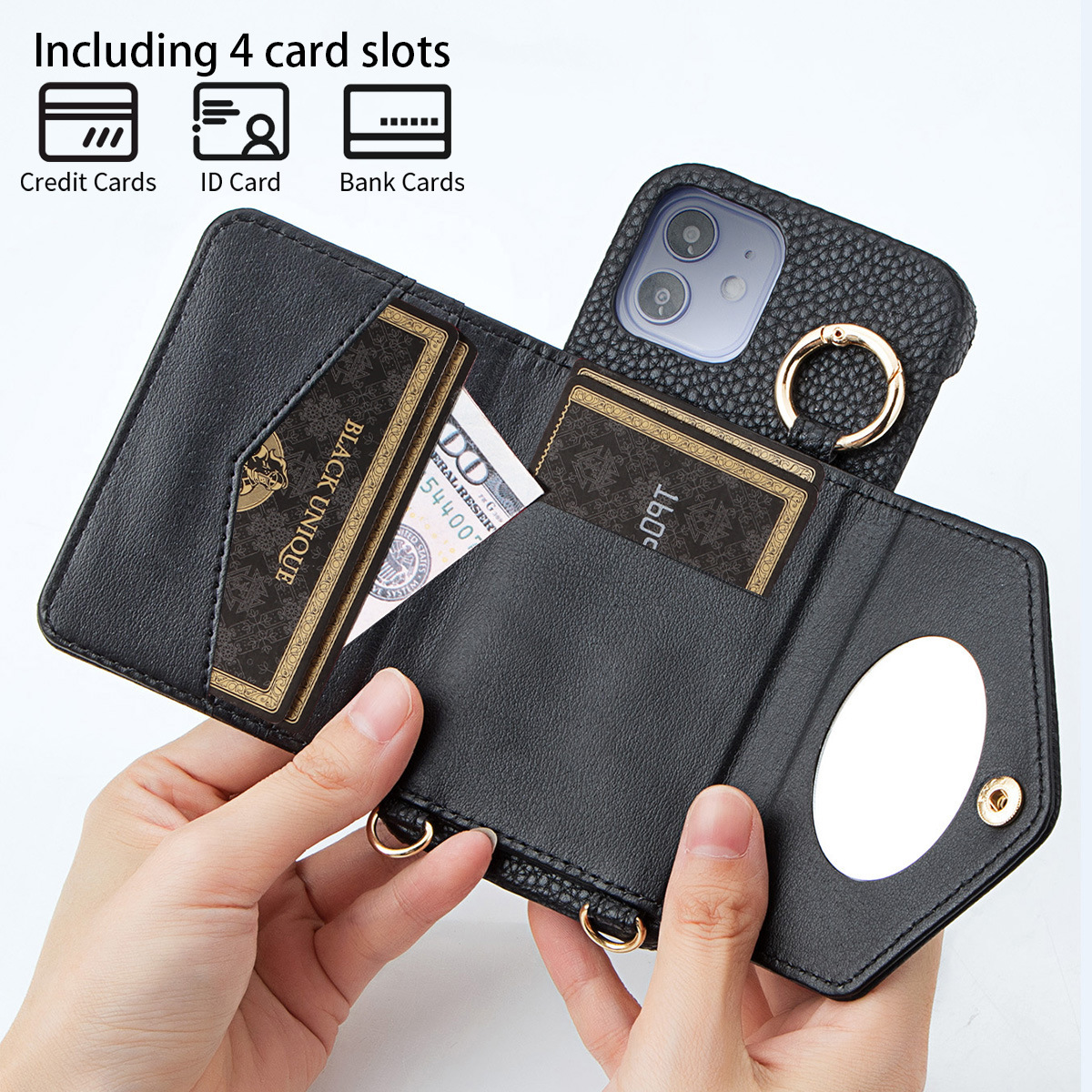 [Copy]IPHONE protective leather case for iPhone with a back-cover design, featuring a wrist strap and a crossbody shoulder strap