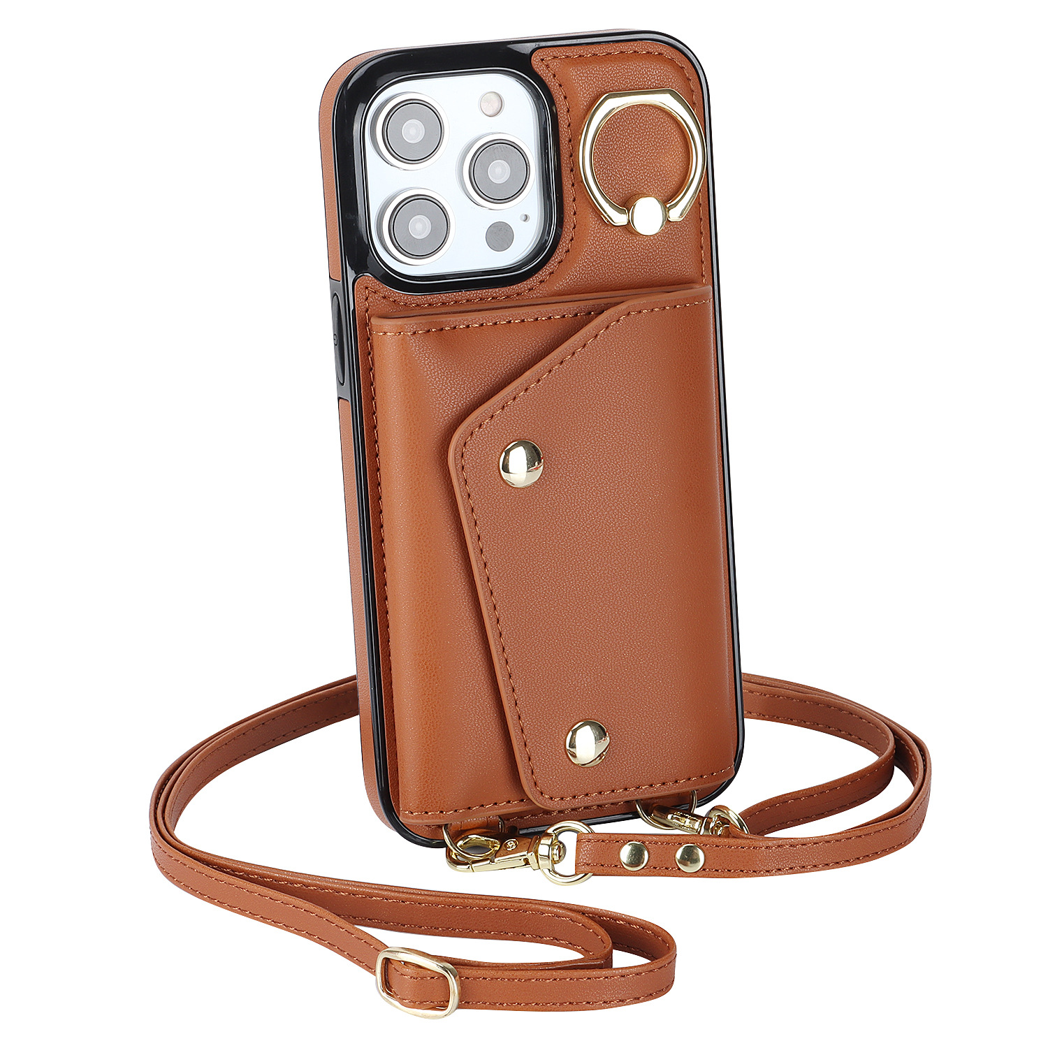 IPHONE protective leather case for iPhone with a back-cover design, featuring a wrist strap and a crossbody shoulder strap