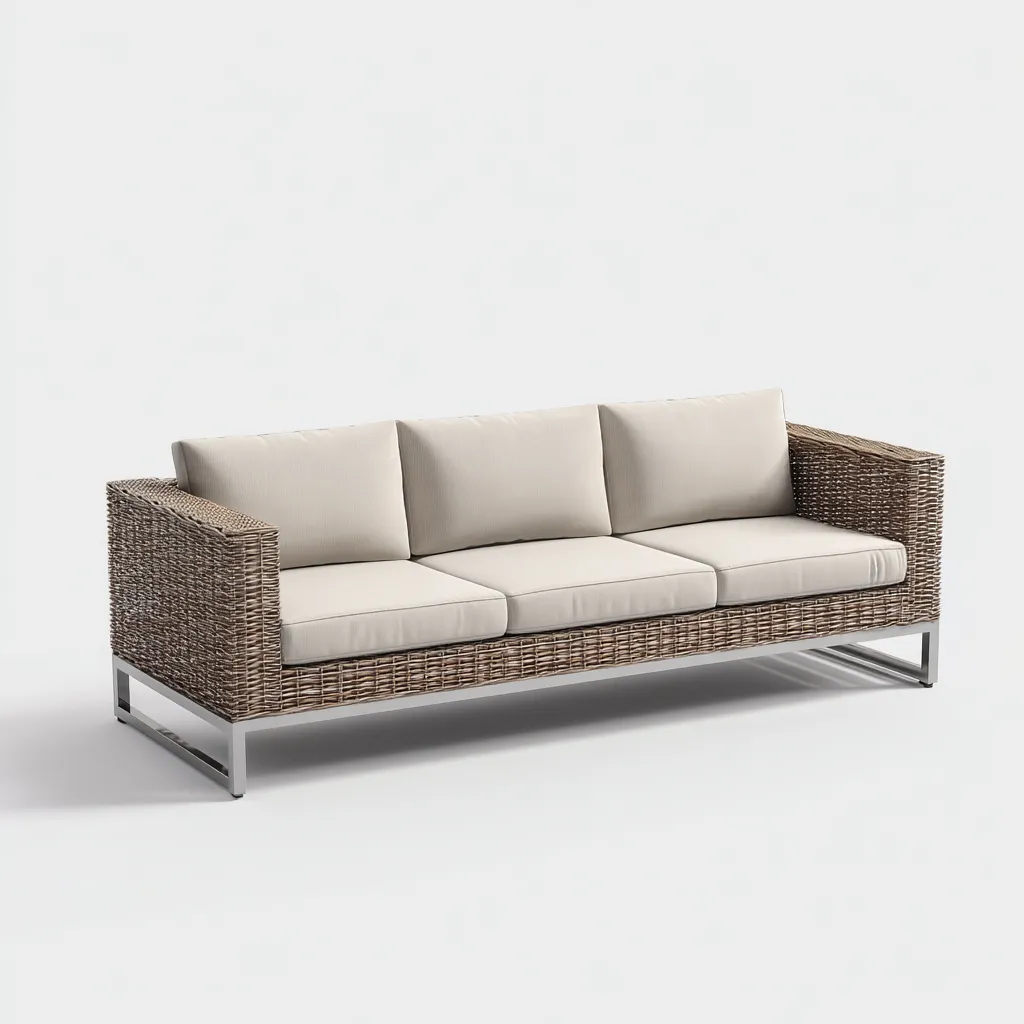 Divano da esterno 198×79×78 cm - rattan marrone e tessuto beige - struttura rialzata per area relax-Rovoraiostudio