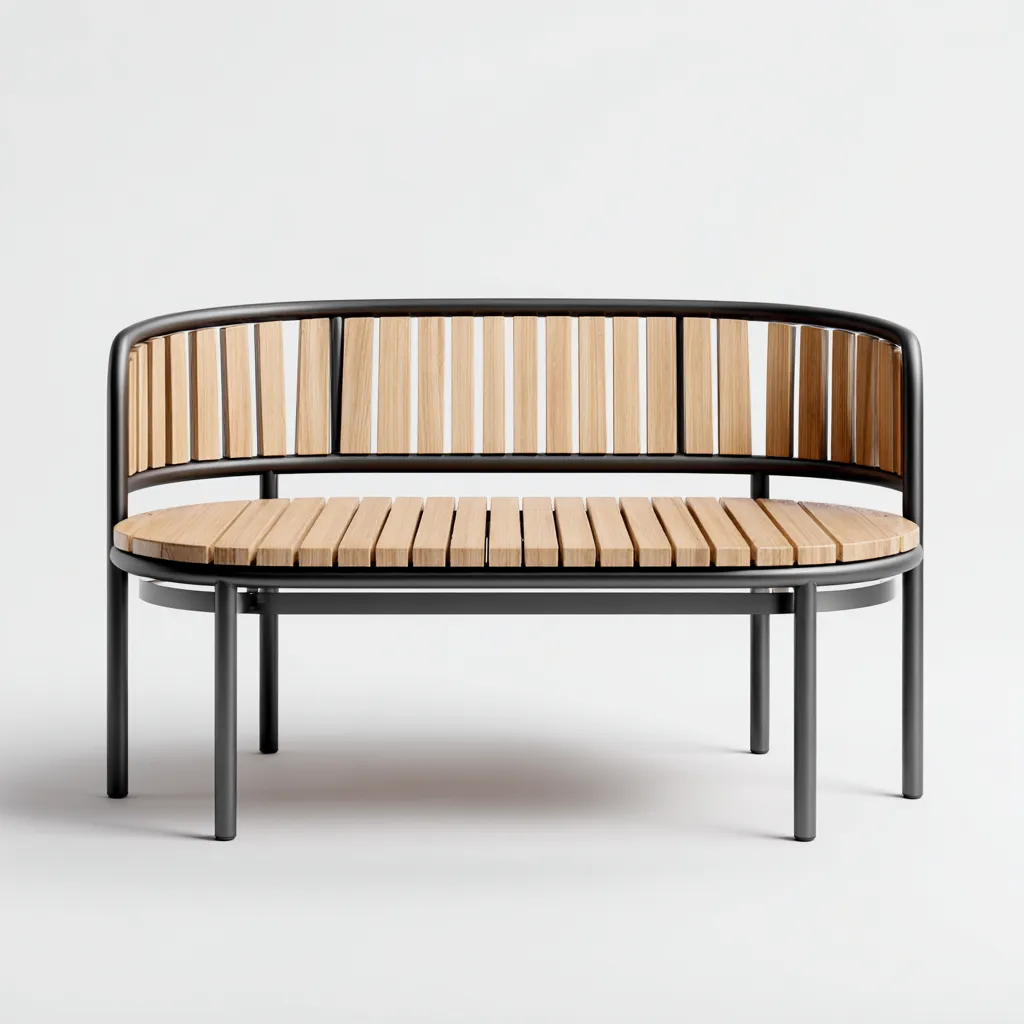 Divano da esterno 145×62×80 cm - legno naturale e metallo nero - seduta a doghe con schienale curvo-Rovoraiostudio