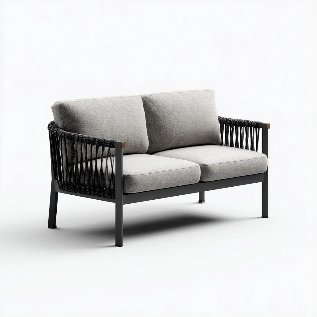 Divano da esterno 150×78×76 cm - beige e nero - metallo e corda - seduta imbottita per terrazza-Rovoraiostudio