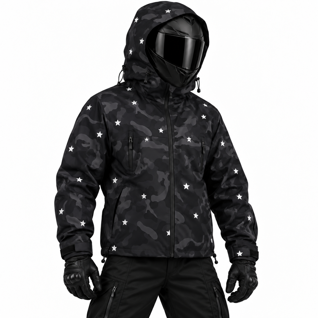 Night Shard reflective camo tech jacket with five-point stars under flash