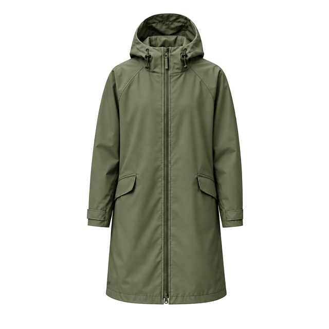 Water-Reactive Botanical Long Raincoat — Olive water-reactive transition